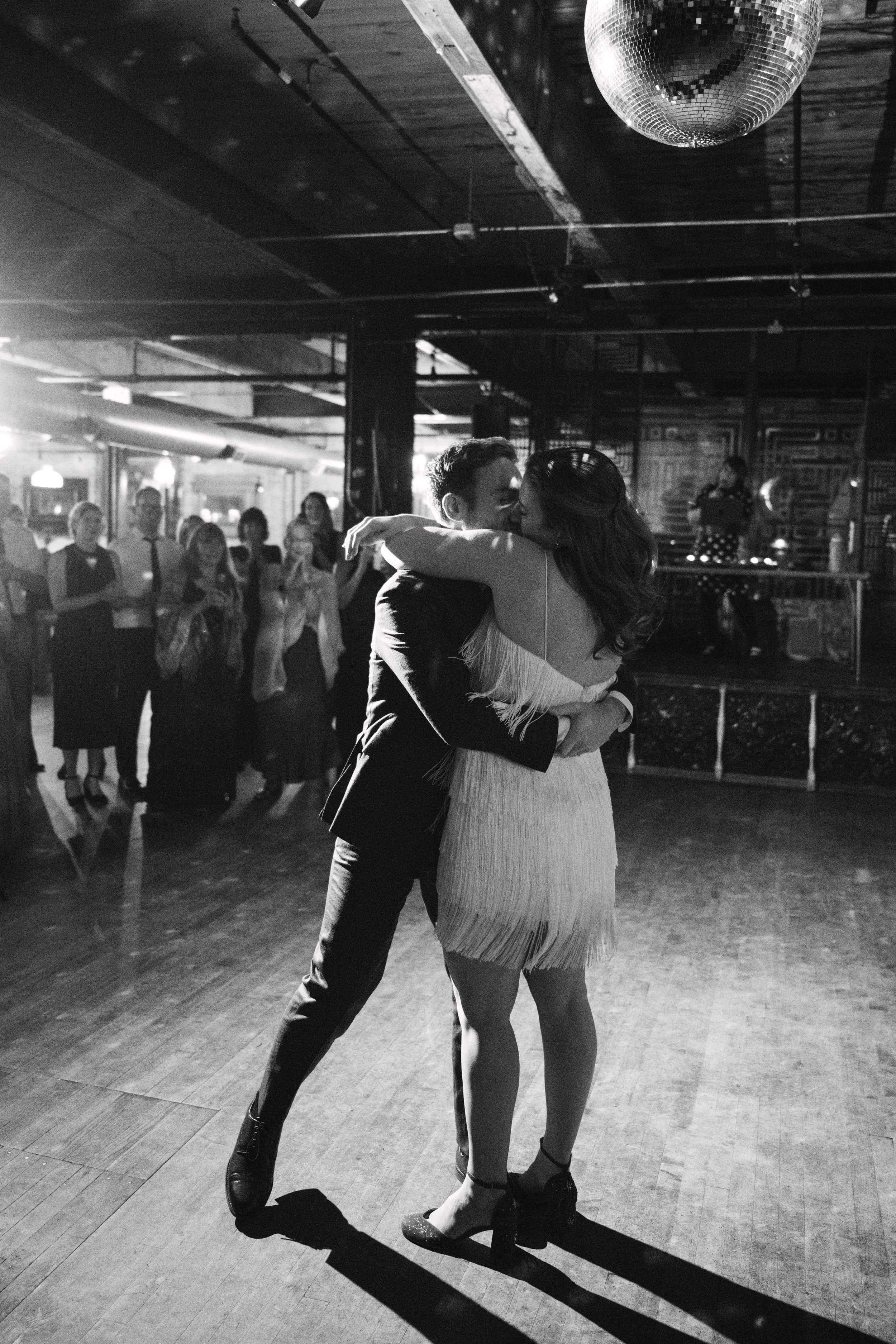 salvage one chicago il wedding reception first dance dance black and white under disco ball