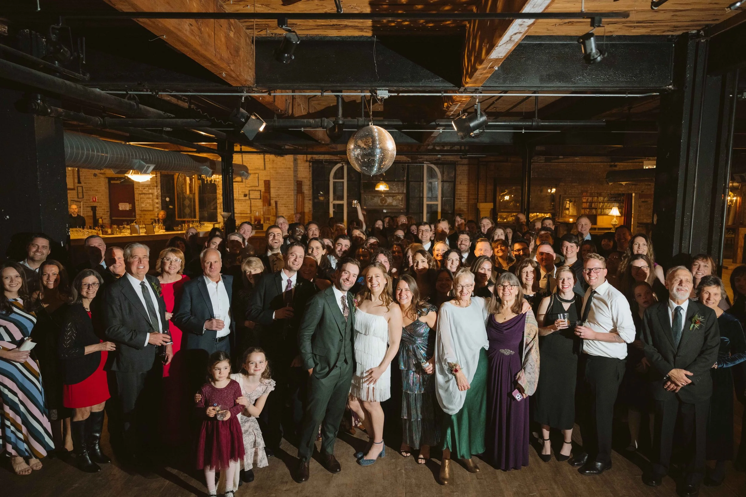 salvage one chicago wedding reception large shot of all guests at wedding reception