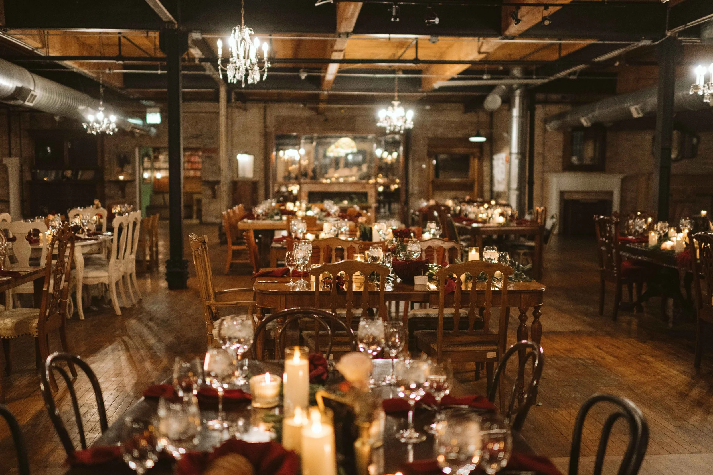 salvage one chicago wedding reception wide room and decor shot