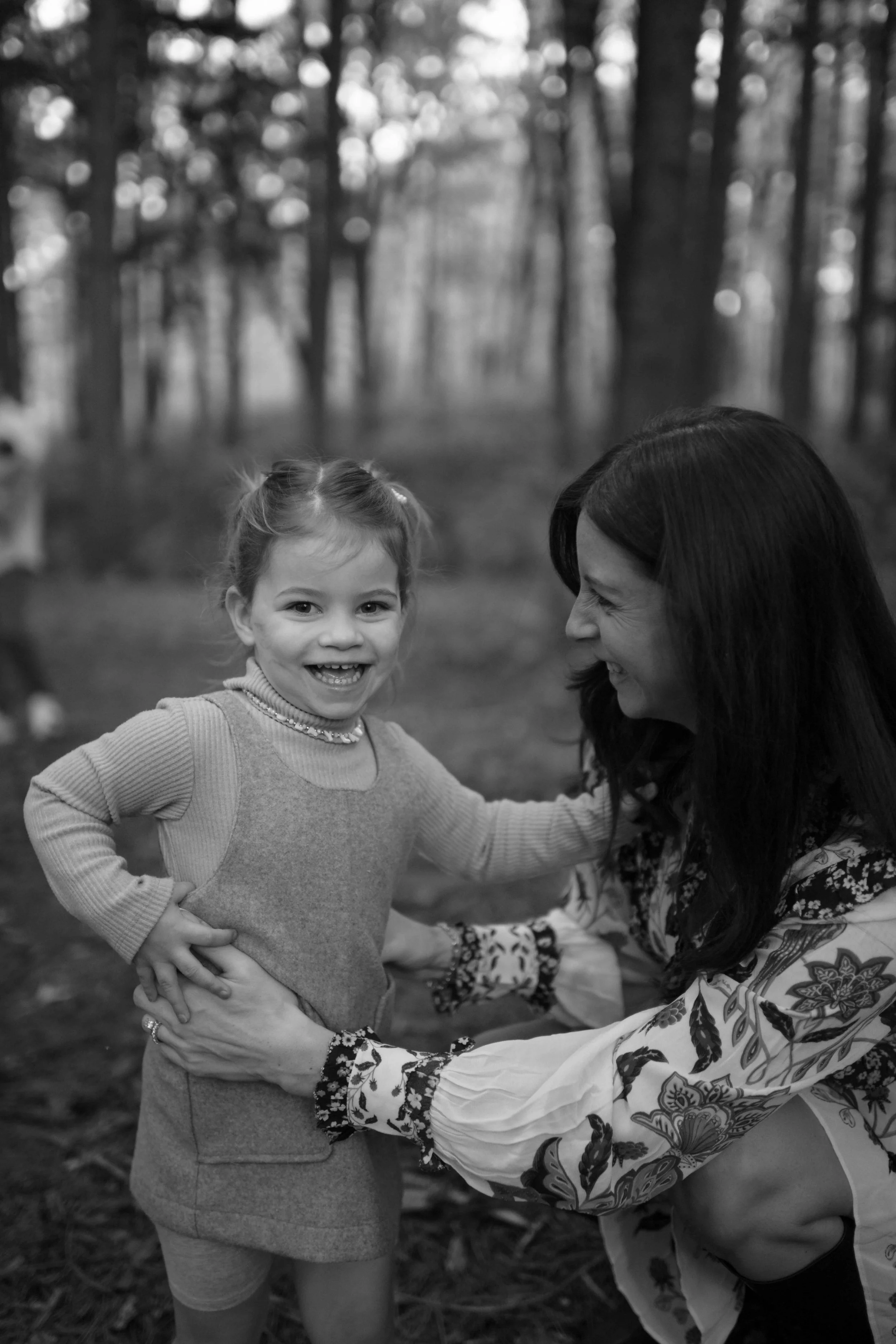 black and white photo of smiling with mama at Morton Arboretum Lisle IL 