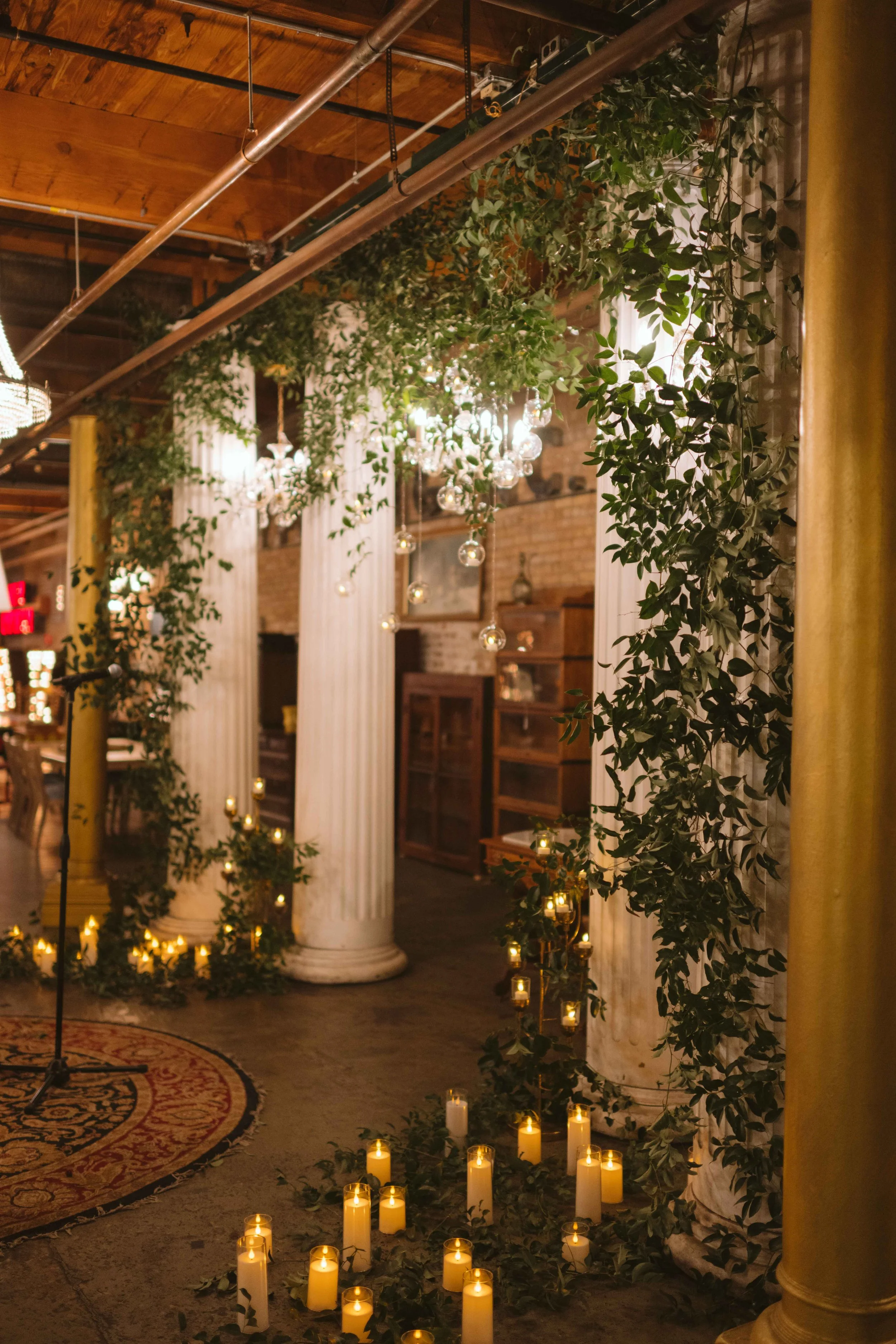 Candles and greenery at Salvage One in Chicago Illinois