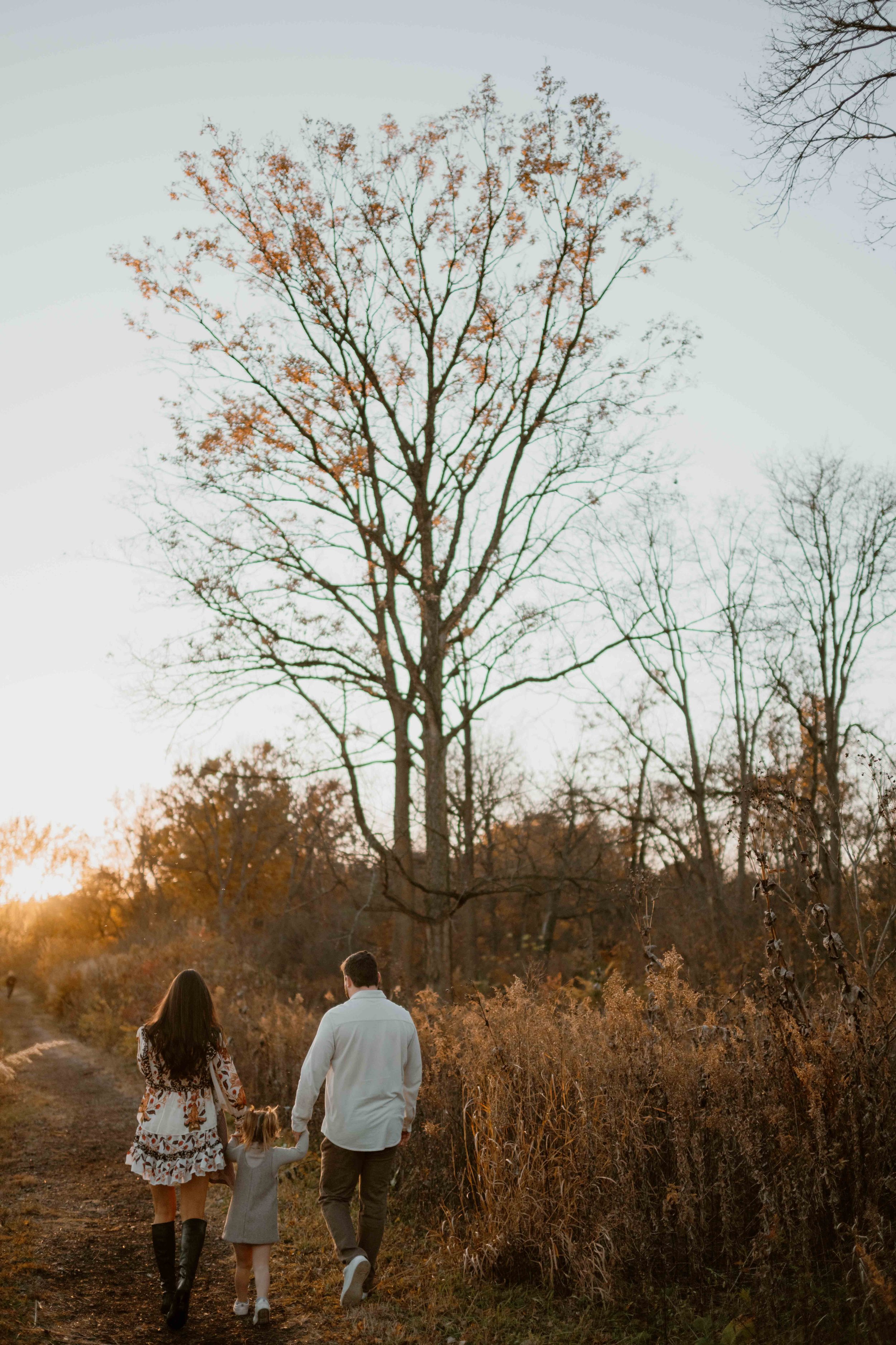 behind shot of family of four walking in the fall at sunset at the Morton Arboretum Lisle IL 