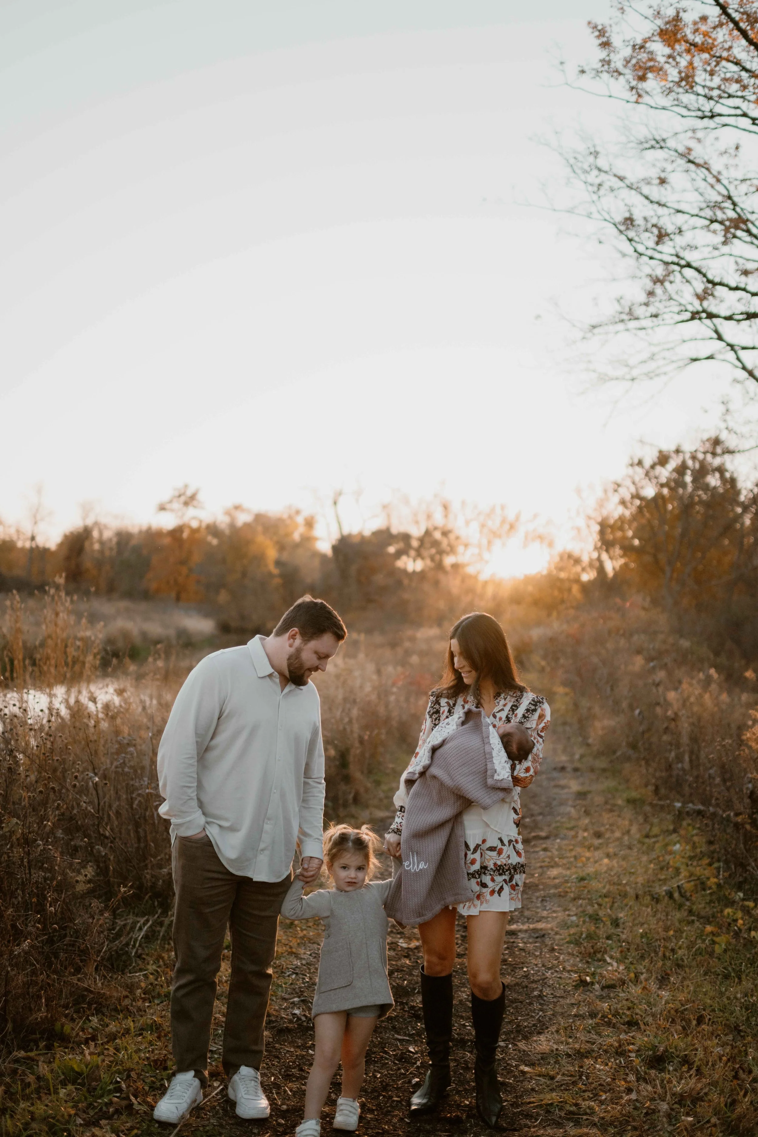 family of four at sunset at Morton Arboretum Lisle IL 
