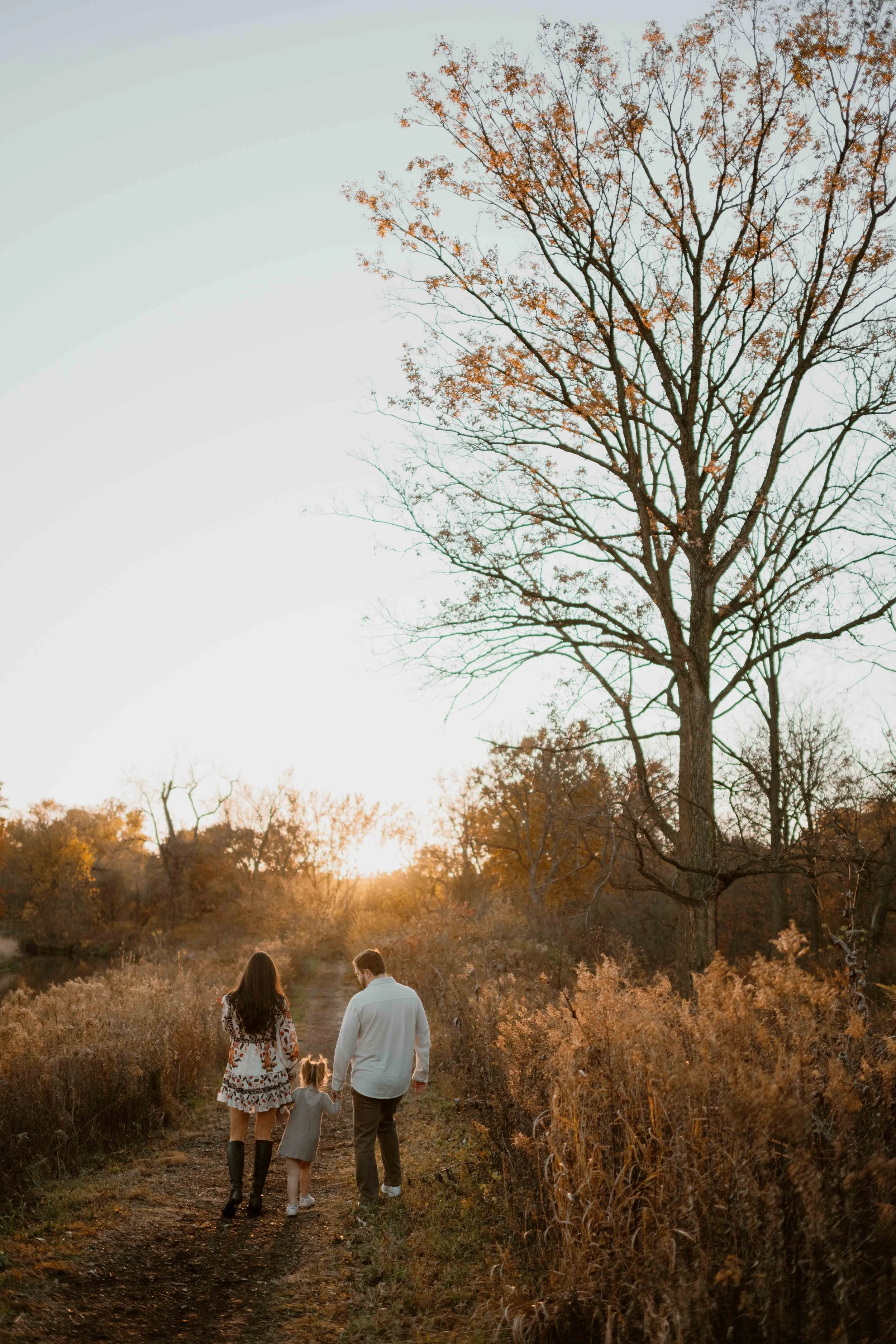 sunset family photo of family of four walking at the Morton Arboretum Lisle IL 