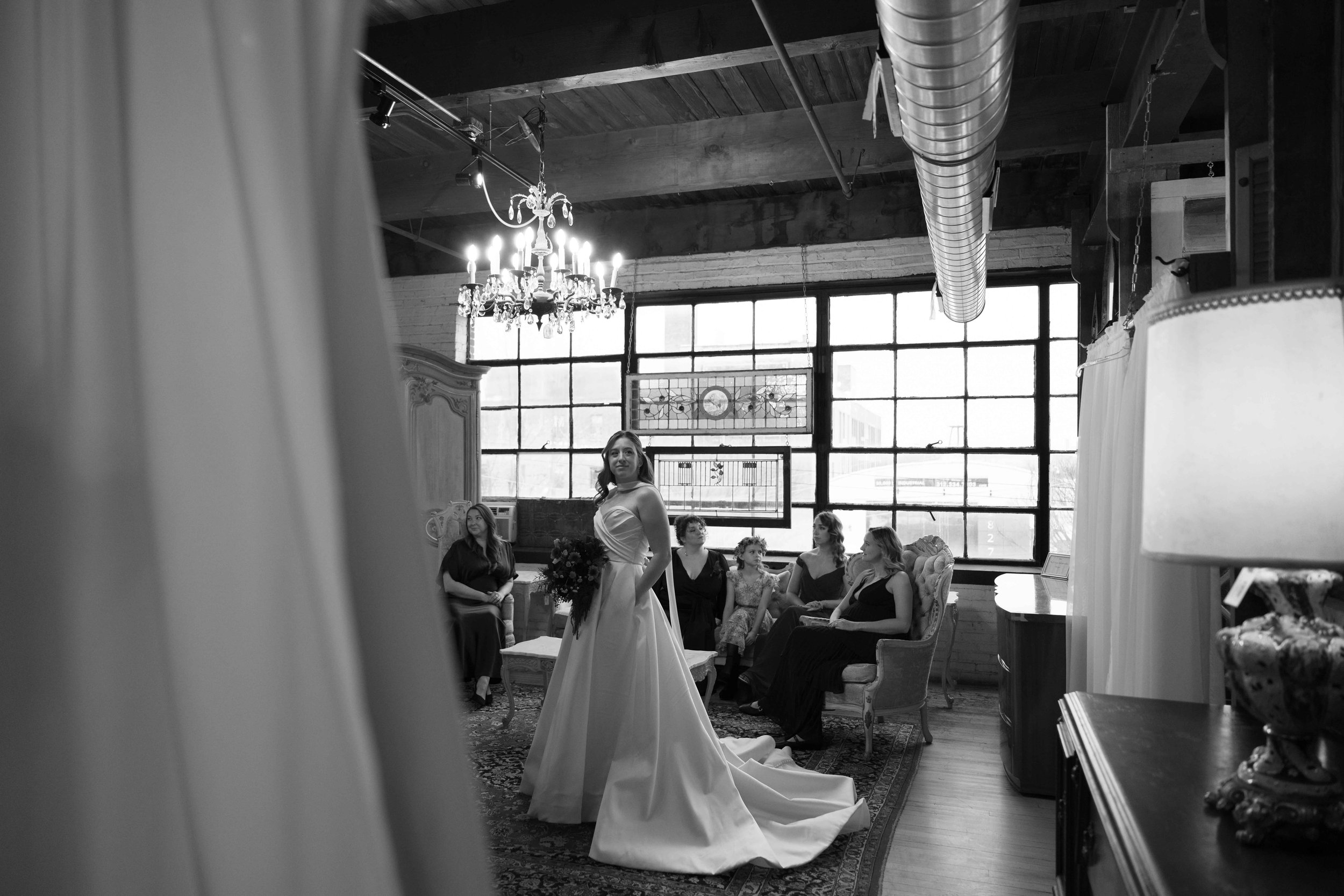 Bride and bridesmaids in bridal suite at Salvage One in Chicago