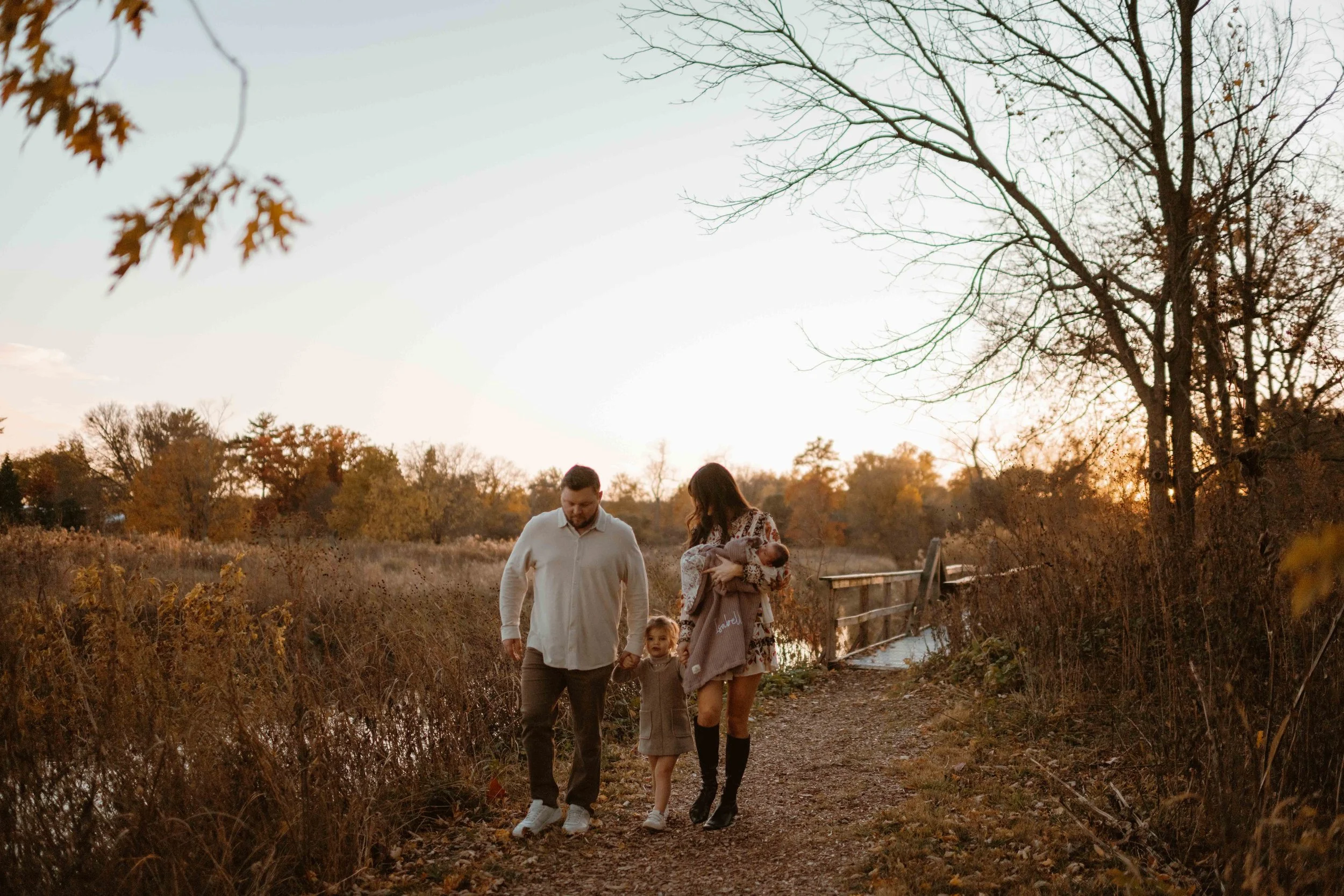 family of four bridge at the Morton Arboretum Lisle IL 