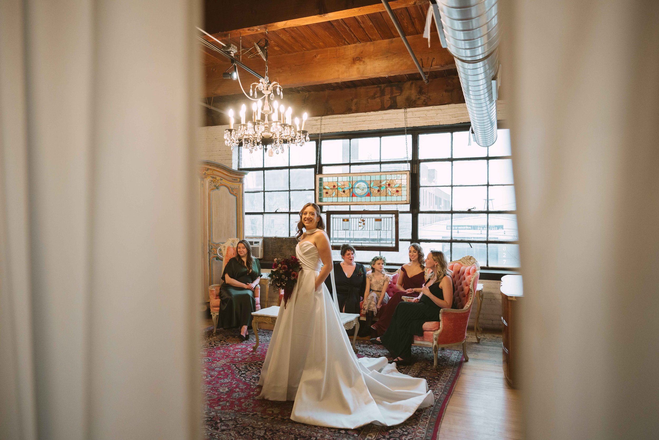 Bride and bridesmaids in bridal suite at Salvage One in Chicago