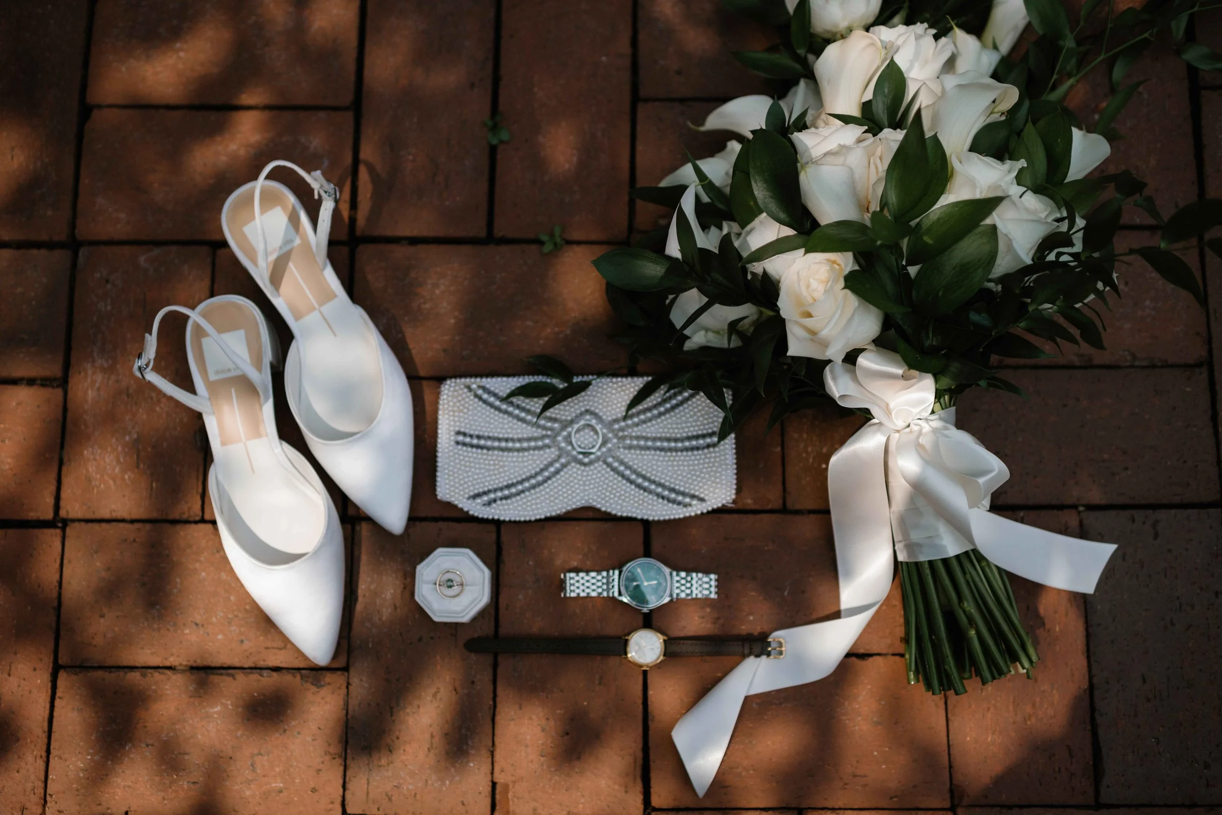 Flat lay detail photo of wedding details at The Crawford in Naperville Illinois