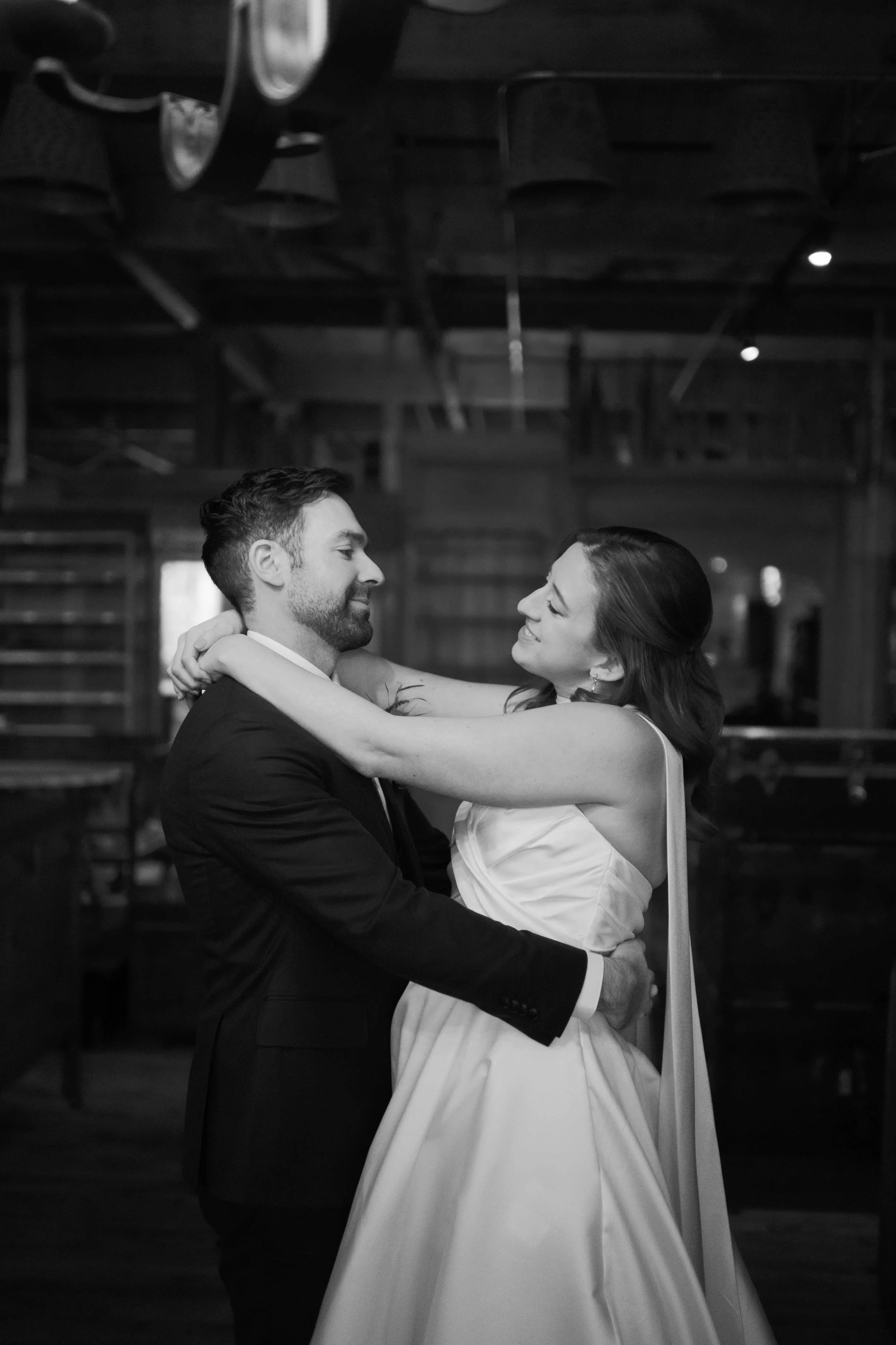 black and white photo of bride and groom at Salvage One in Chicago IL