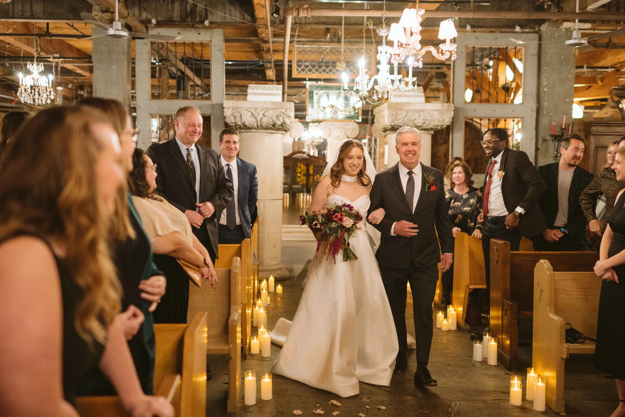 Salvage One, Chicago Illinois wedding ceremony bride walking down the aisle with dad