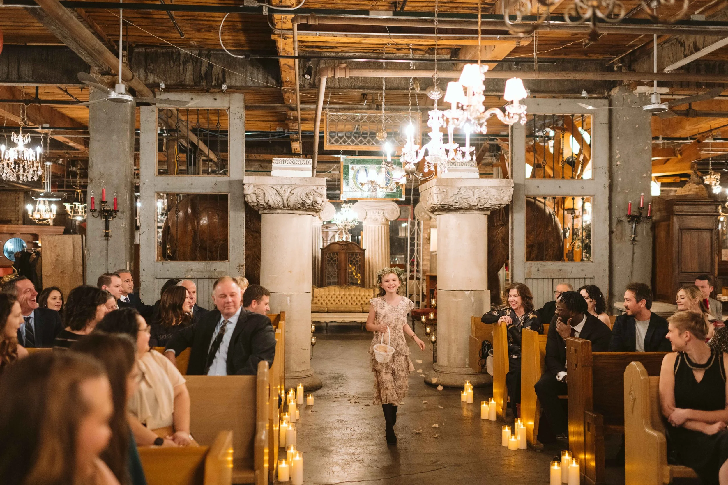 Salvage One Chicago ceremony flower girl walking down the aisle