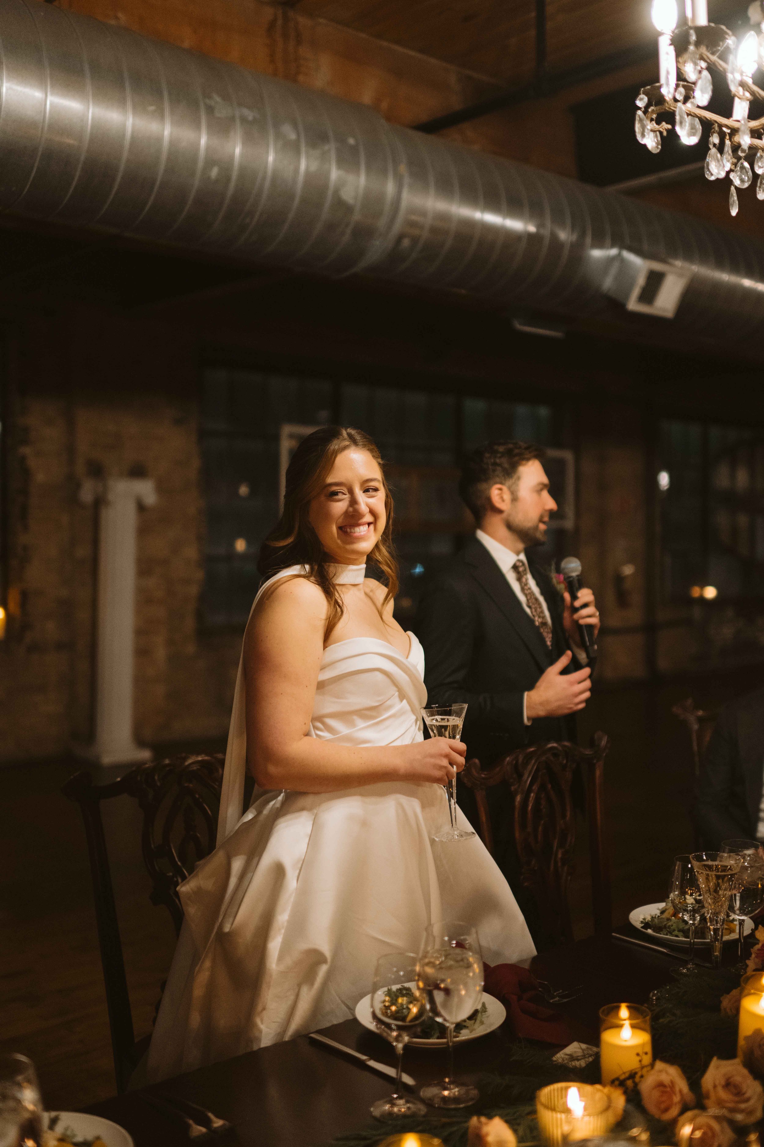 salvage one chicago bride and groom thanking their guests at wedding reception