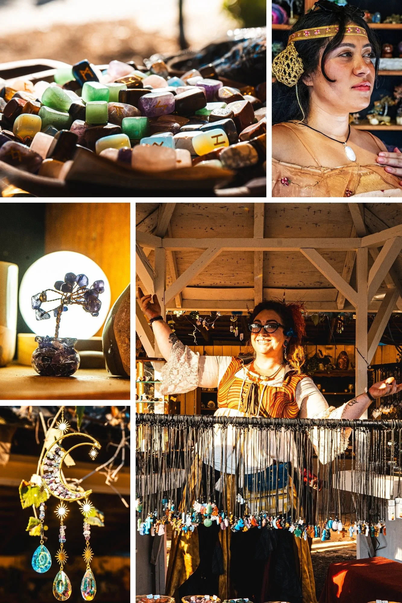 A collage of images from a craft market. It includes a tray of colorful gemstones, a woman with dark hair wearing a headband and jewelry, a small decorative object with purple stones, a woman with glasses smiling and standing behind a jewelry stall, a moon and star sun catcher, and various jewelry items displayed for sale.