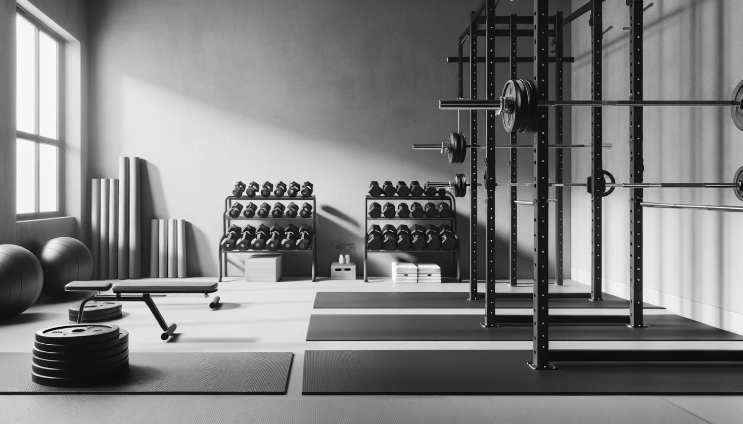Een lege fitnessruimte met allerlei sportmateriaal zoals medicijnballen, gewichten, een bankje, en een squat rack met barbells, met grote ramen die veel natuurlijk licht binnenlaten. In Scheveningen, Den Haag.
