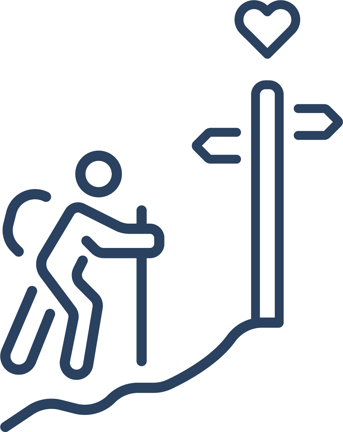 Line drawing of a person climbing a mountain with a flag, a heart symbol, and a mountain peak with arrows pointing in four directions.