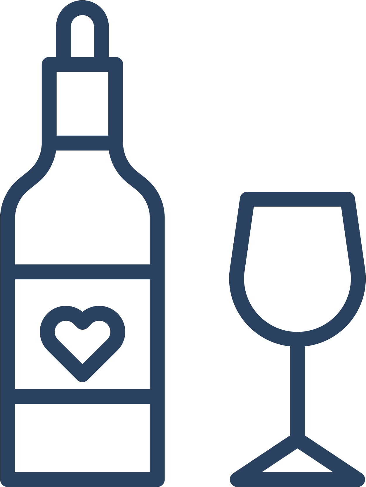 Outline of a wine bottle with a heart on the label and a filled wine glass.