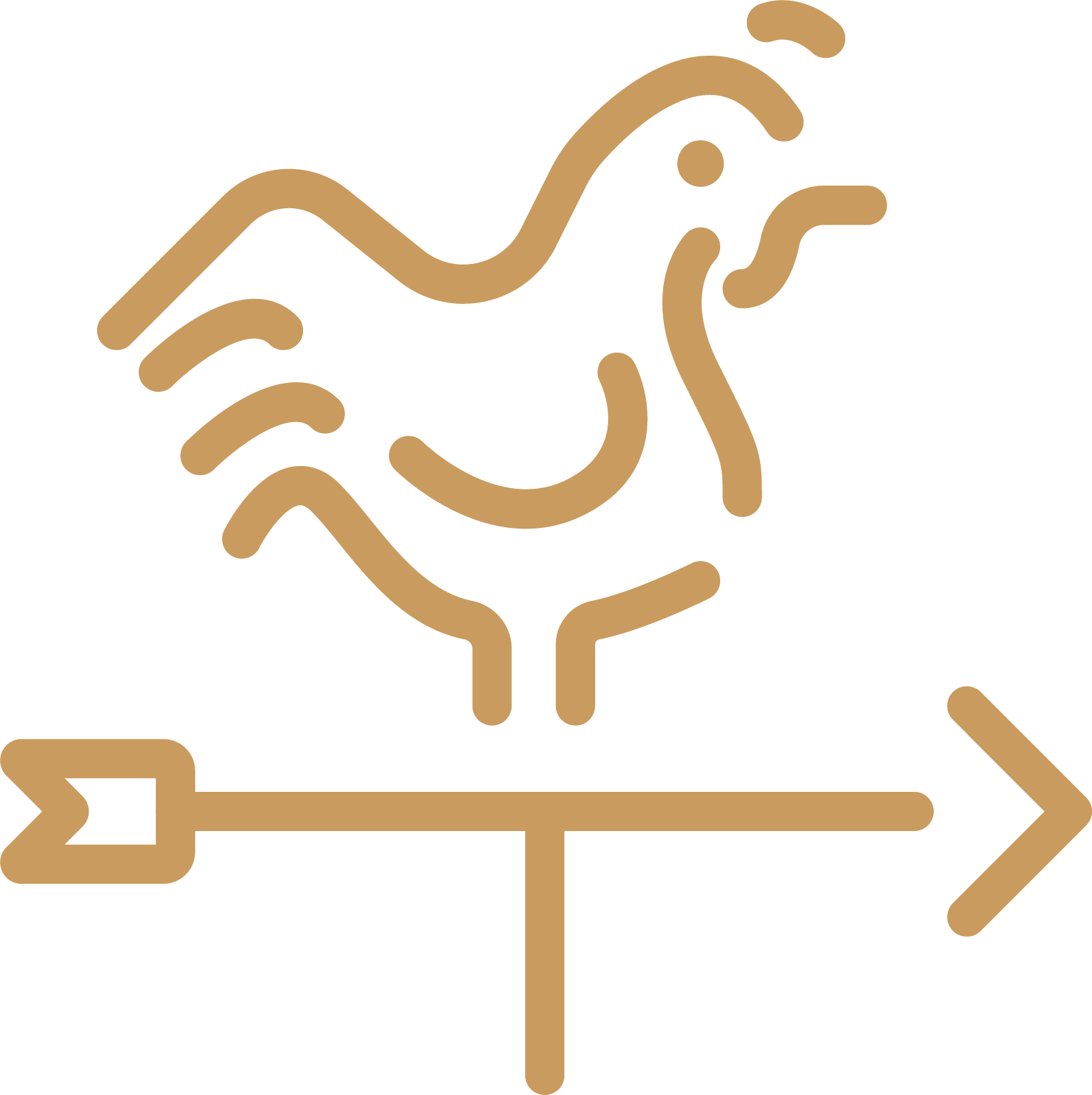 Minimalist line drawing of a hand and a bird on a perch, with arrows pointing left and right.