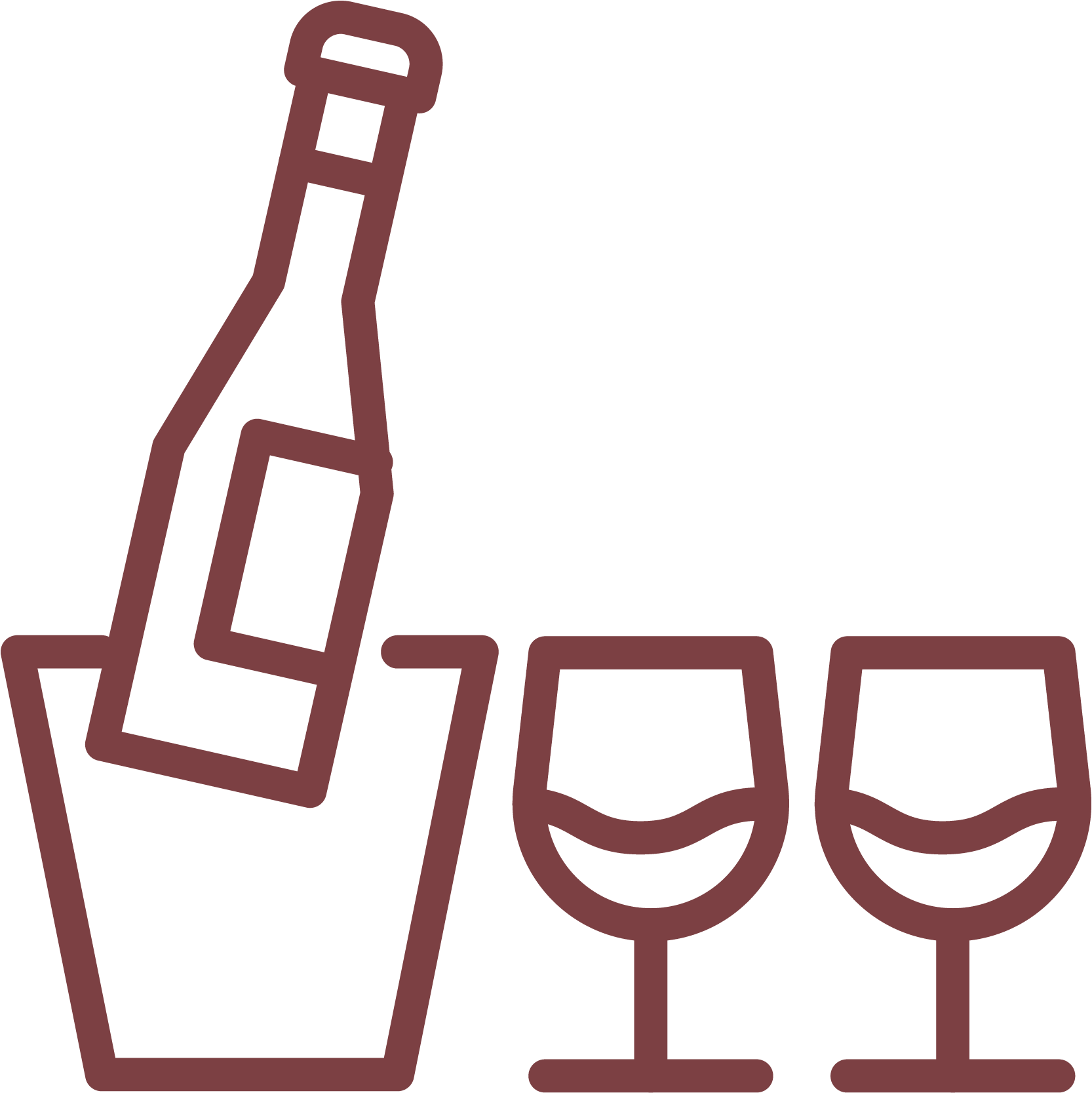 Outline of a bottle in a hand and two wine glasses.