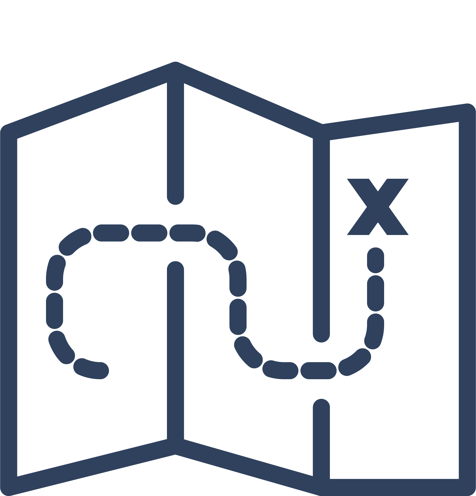 Icon of a map with a dashed walking path and an 'X' mark.