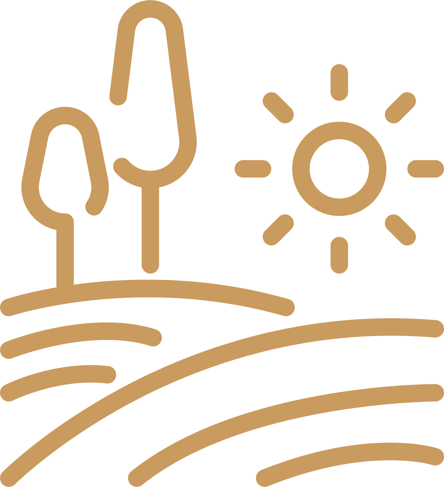 Line drawing of a sun, hill, and trees.