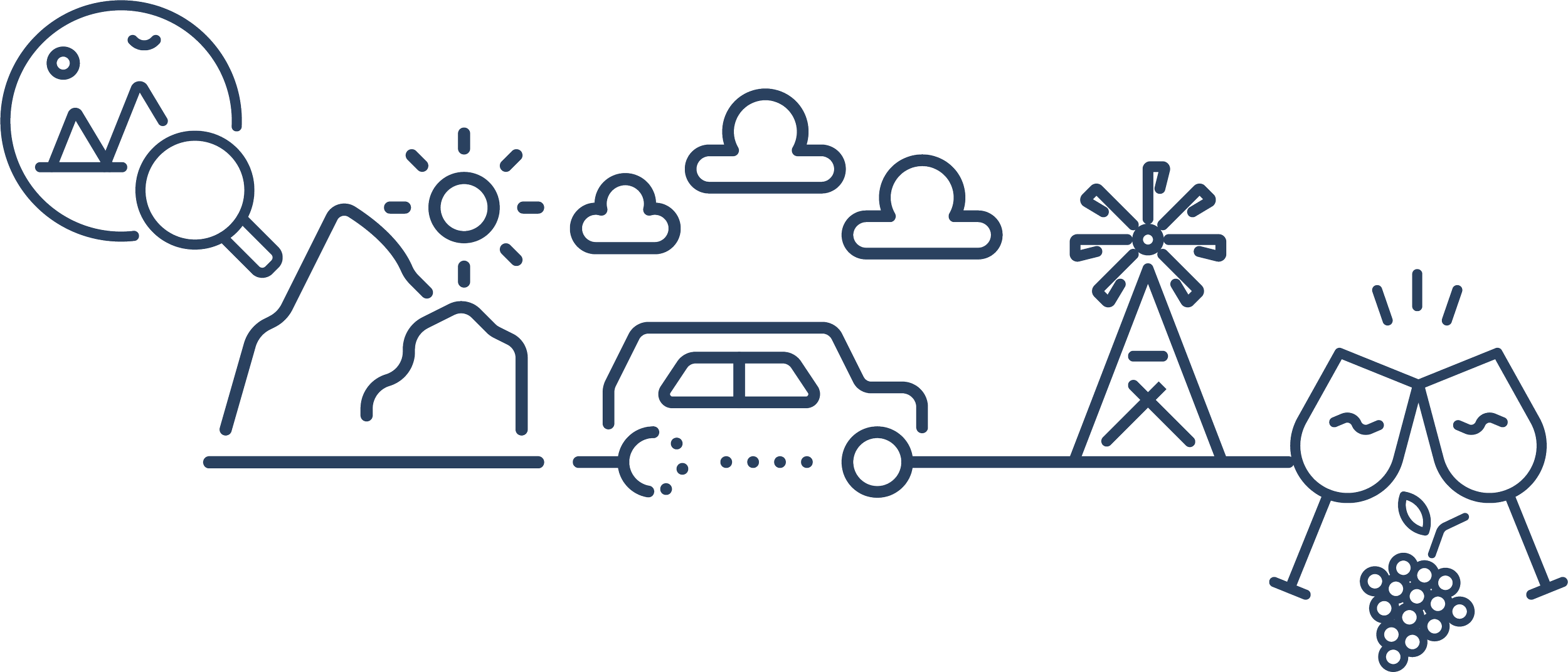 Line drawing of a mountain landscape with a crown on top, a sun, clouds, a windmill, a car, wine glasses, and grapes.