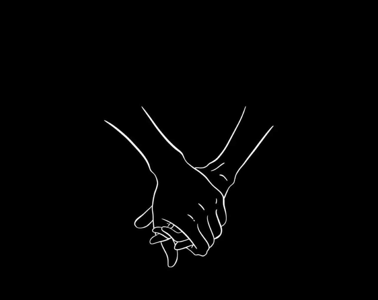 Outline drawing of two hands holding each other against a black background.