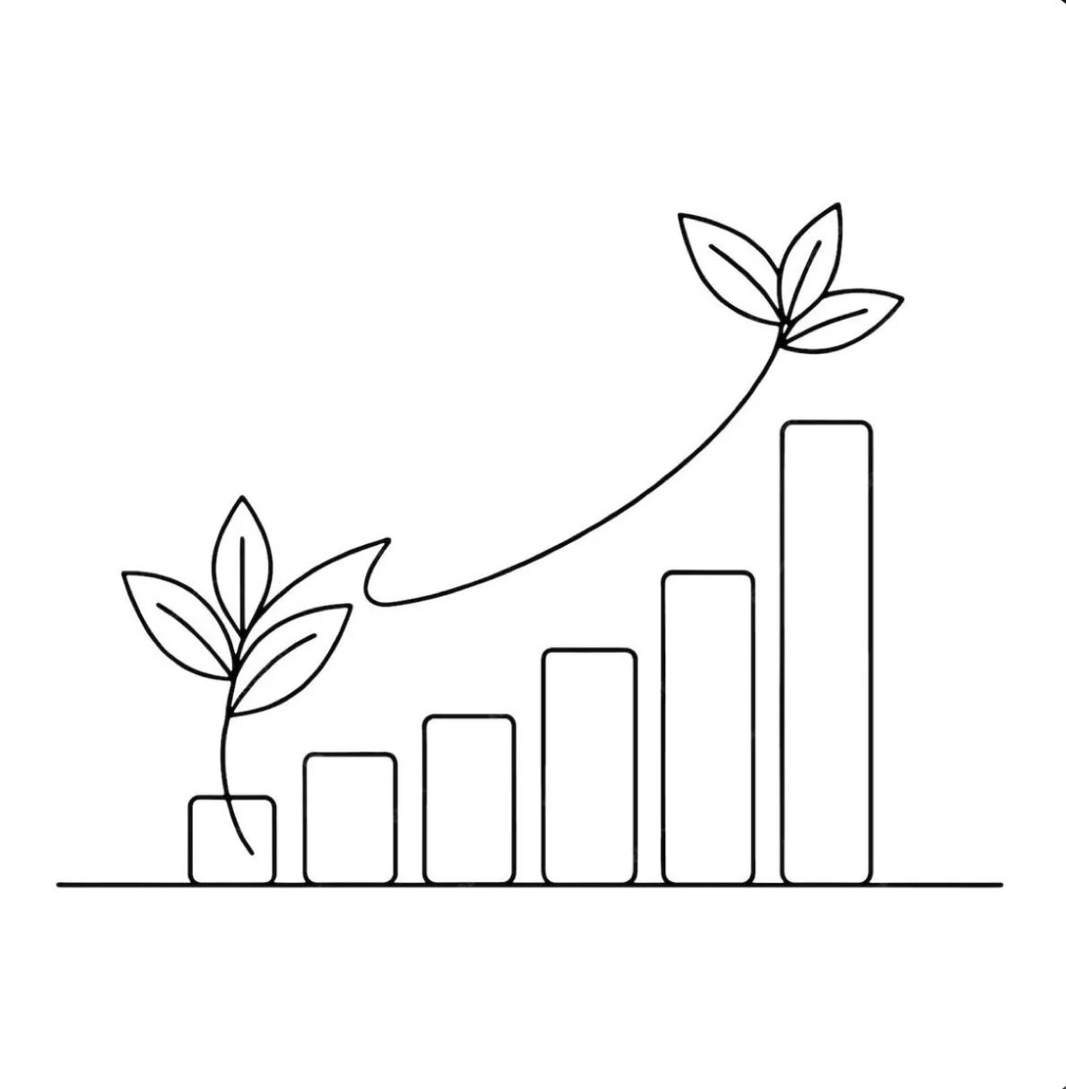 Line drawing of a bar chart with increasing bars from left to right, topped with leaves and a stem, symbolizing growth and sustainability.