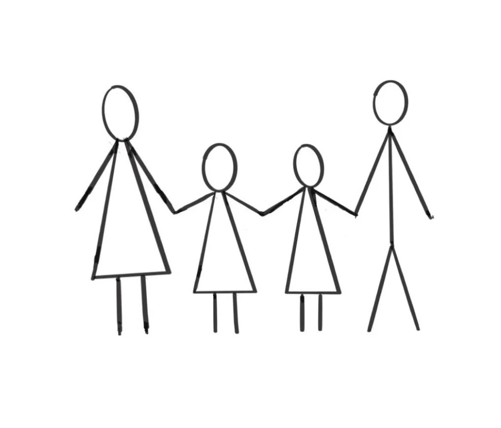 Simple stick figure drawing of a family holding hands, including two adults and two children.