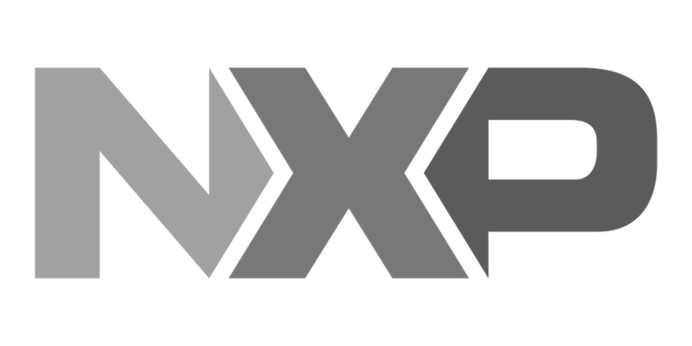 Das Bild zeigt das Logo von NXP, einem Technologieunternehmen, in Graustufen.