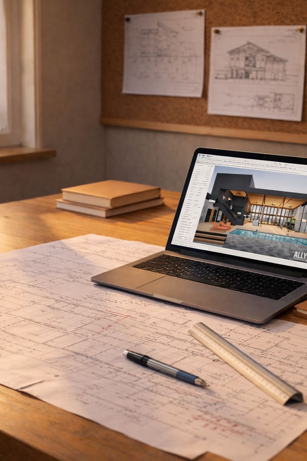 image of architects desk with blue print drawings and laptop computer