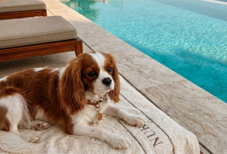 Un carlino con orecchie lunghe sdraiato su un tappeto vicino a una piscina