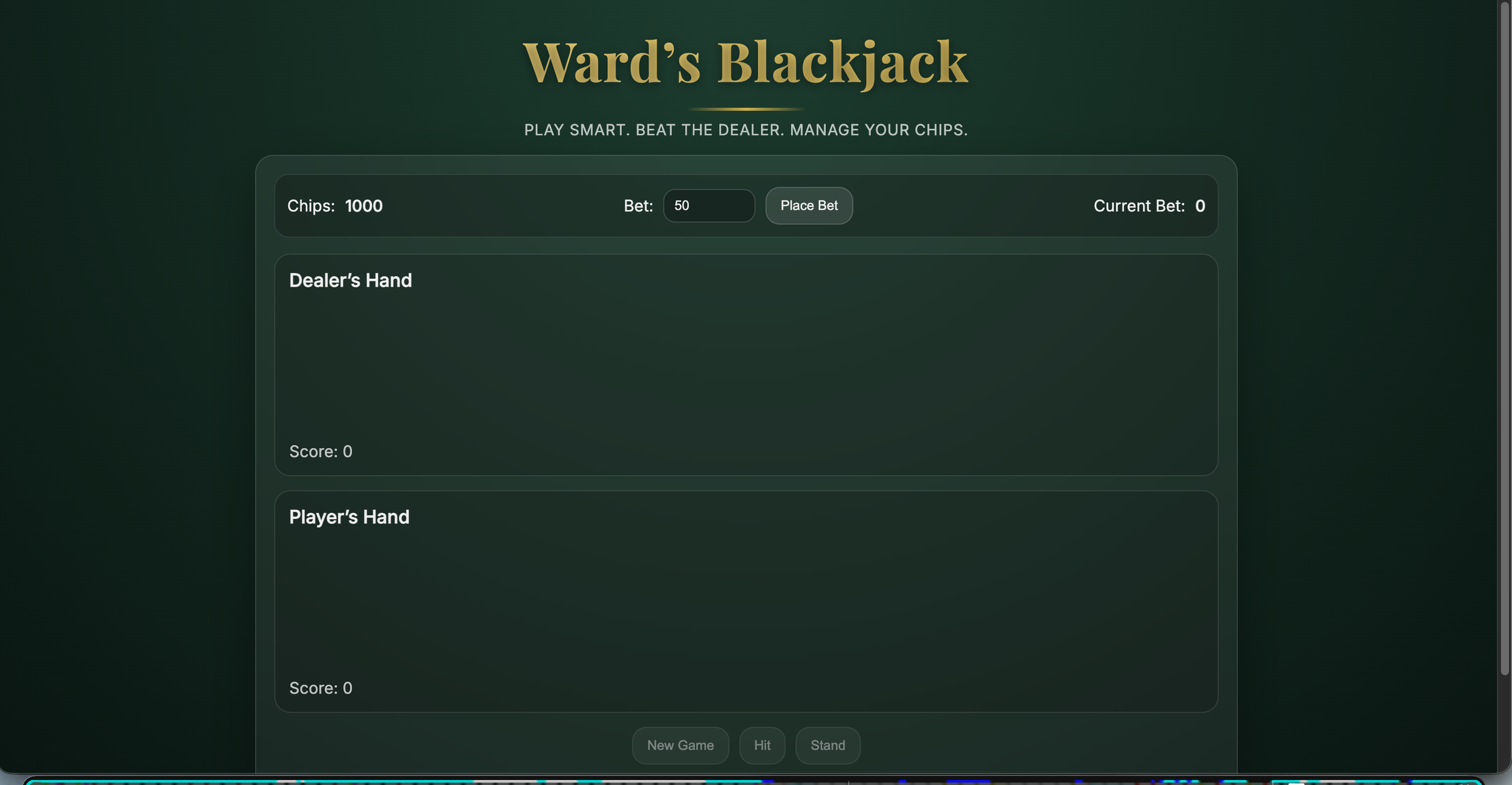 Screenshot of Ward's Blackjack online game interface with green background, displaying chips, bet amount, dealer's hand, player's hand, and game controls.