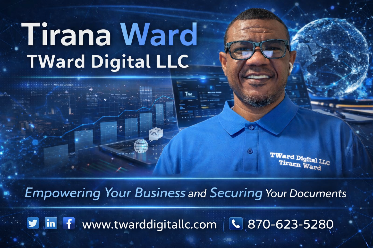 TWard Digital LLC promotional graphic showing a professional mobile and remote online notary public based in Monticello, Arkansas. Image features business branding, contact information, and digital-themed background representing secure, reliable nota