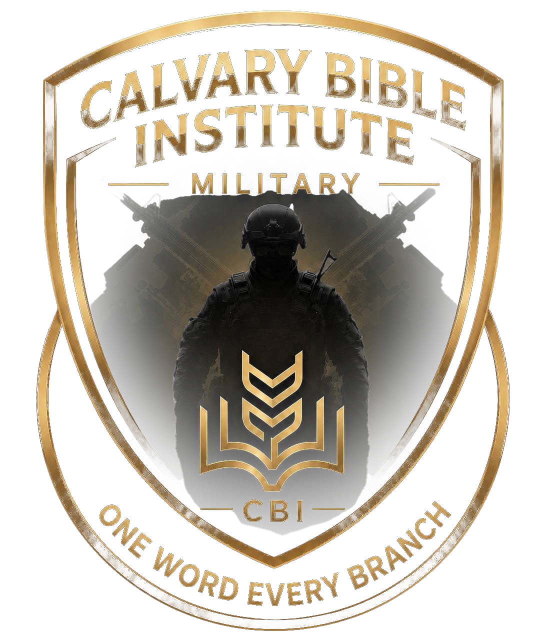 A badge or emblem for the Calvary Bible Institute Military featuring a soldier in combat gear, military weapons, and a shield design with a Bible and the emblem 'CBI'. The text reads 'Calvary Bible Institute Military' and 'One Word Every Branch'.