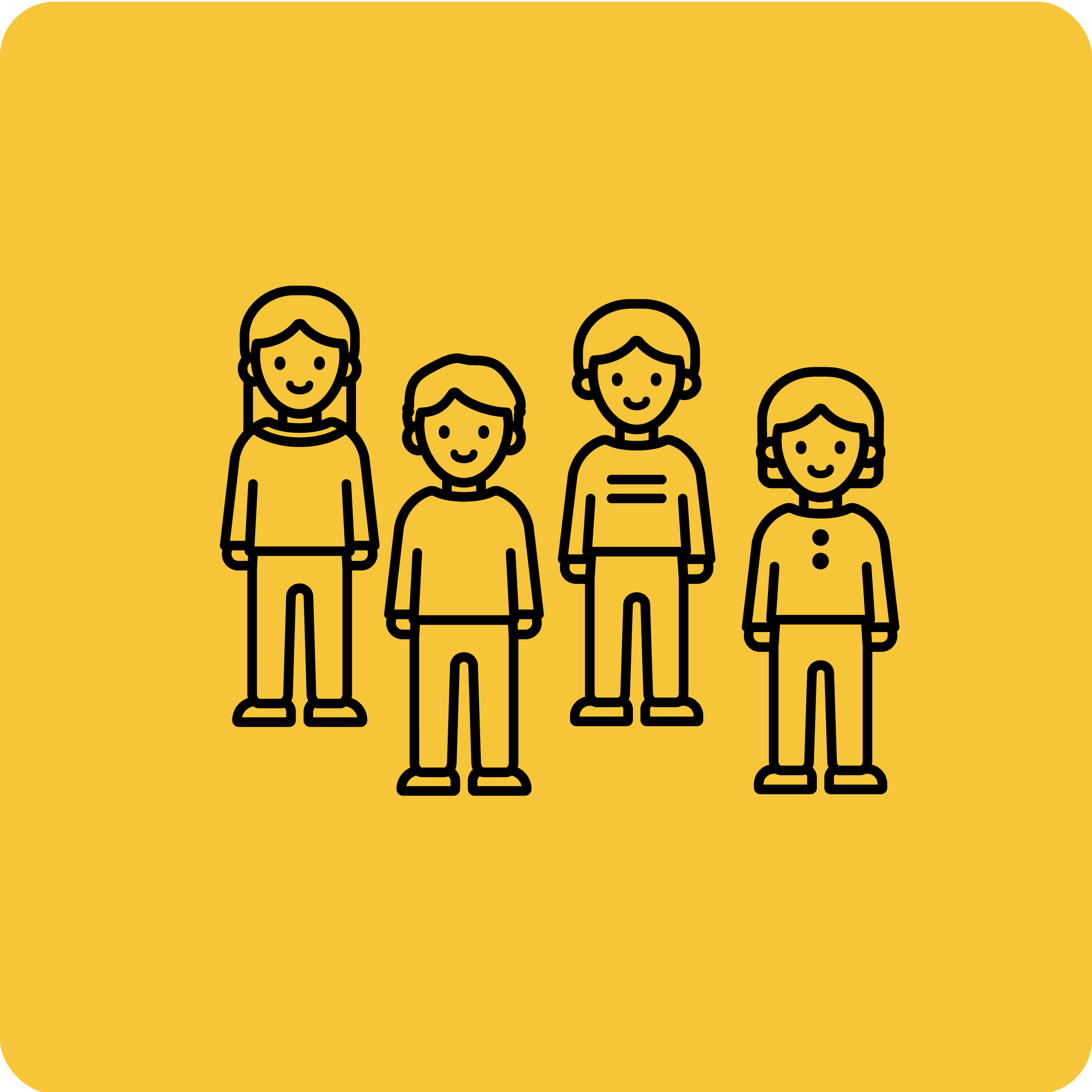 Illustration of four children smiling, standing side by side against a mustard yellow background.