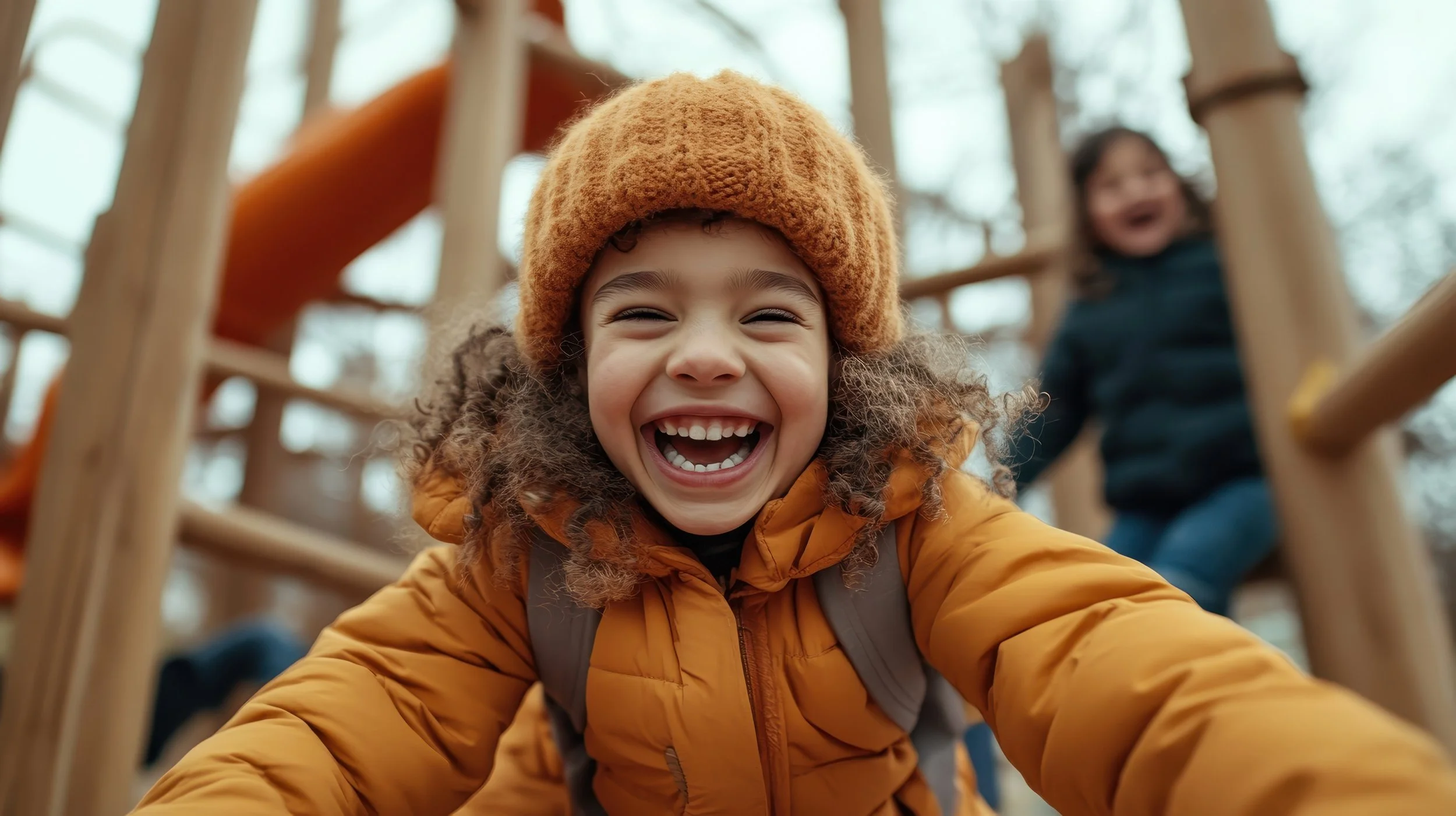 Smiling girl in an orange jacket and knit hat climbing on a wooden structure in a playground with another child in the background.