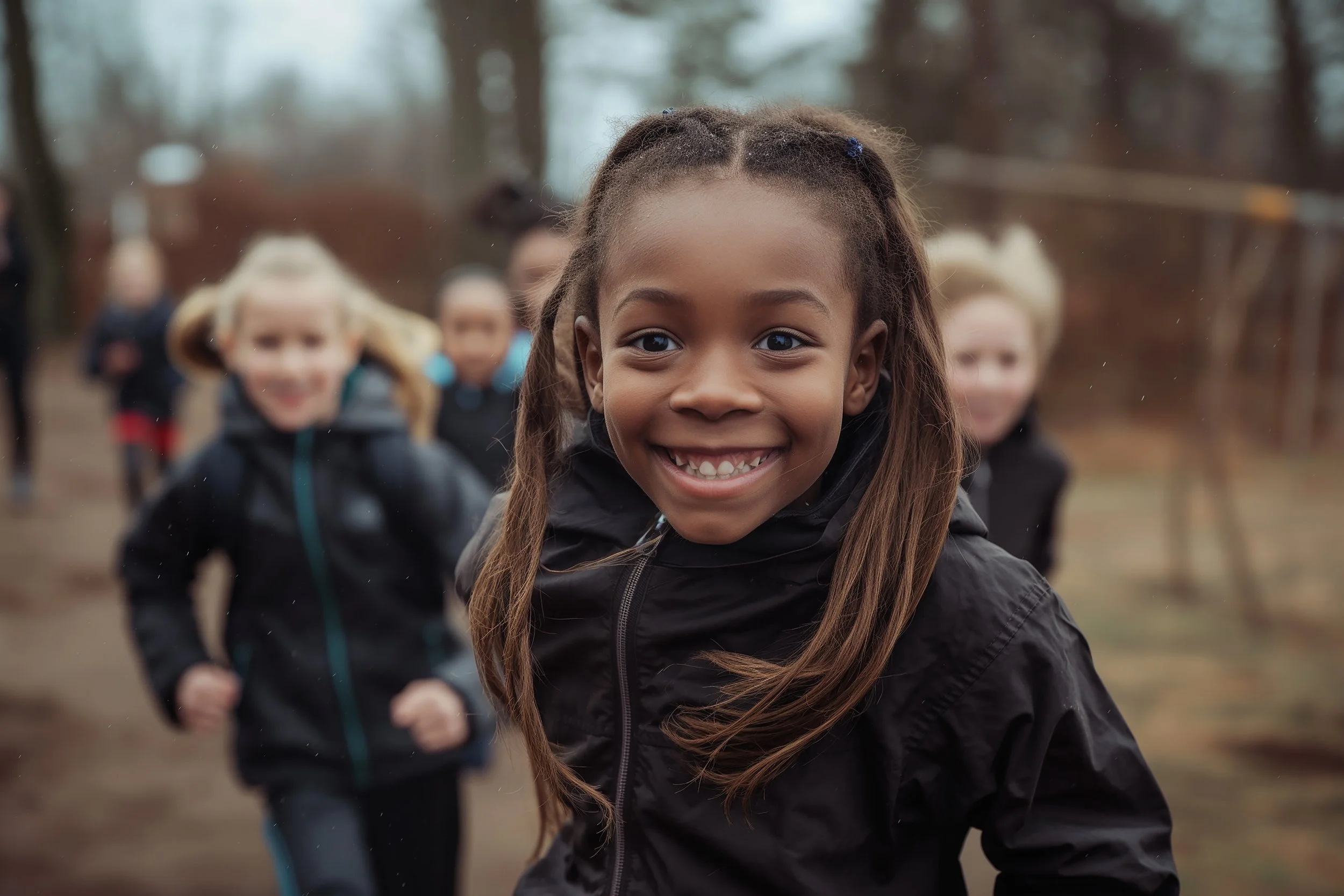 A young girl smiling happily while running outdoors with a group of children in the background on a cloudy day.
