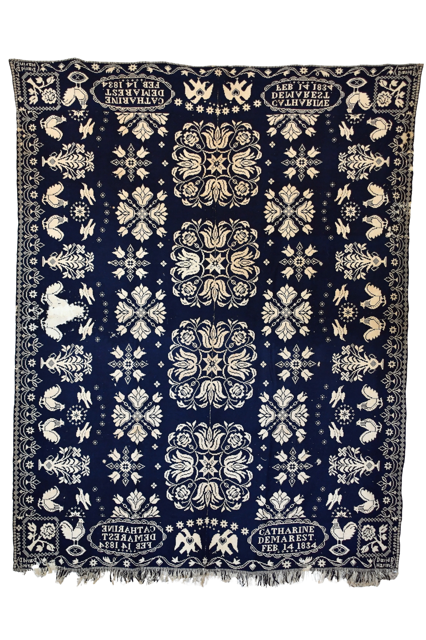  Coverlet, 1834  An anonymous donor has given us a beautiful David Haring blue and white coverlet dated 1834 bears the name Catherine Demarest.  She was born in 1810 and married Abraham A. Terhune in 1831.  They lived on the Terhune Homestead on East