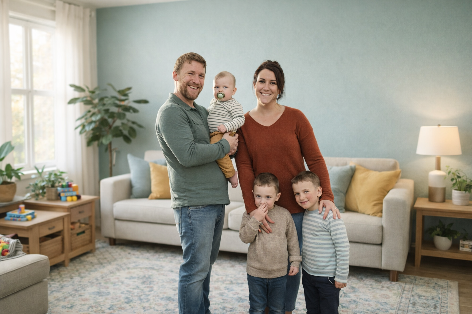 A smiling family of six in their living room, including a man, woman, and four children, with a sofa, plants, and a lamp in the background.