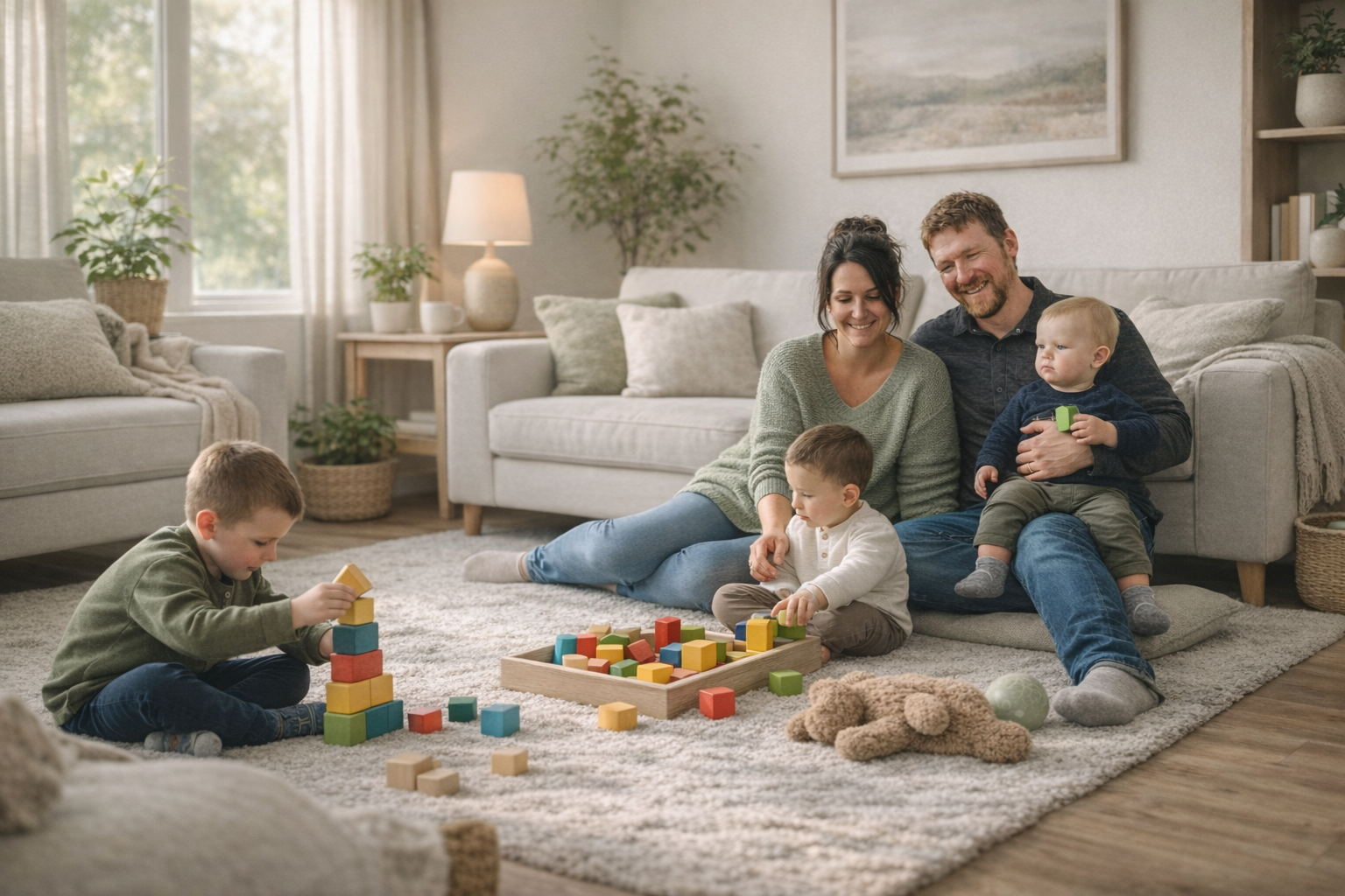 A family with three children playing with colorful wooden blocks on a carpet in a cozy living room with natural light from the window.