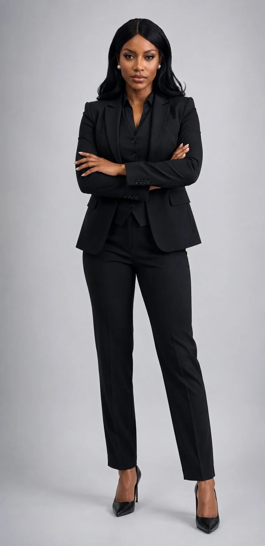 A confident woman in a black business suit standing with arms crossed, wearing black high heels and pearl earrings.