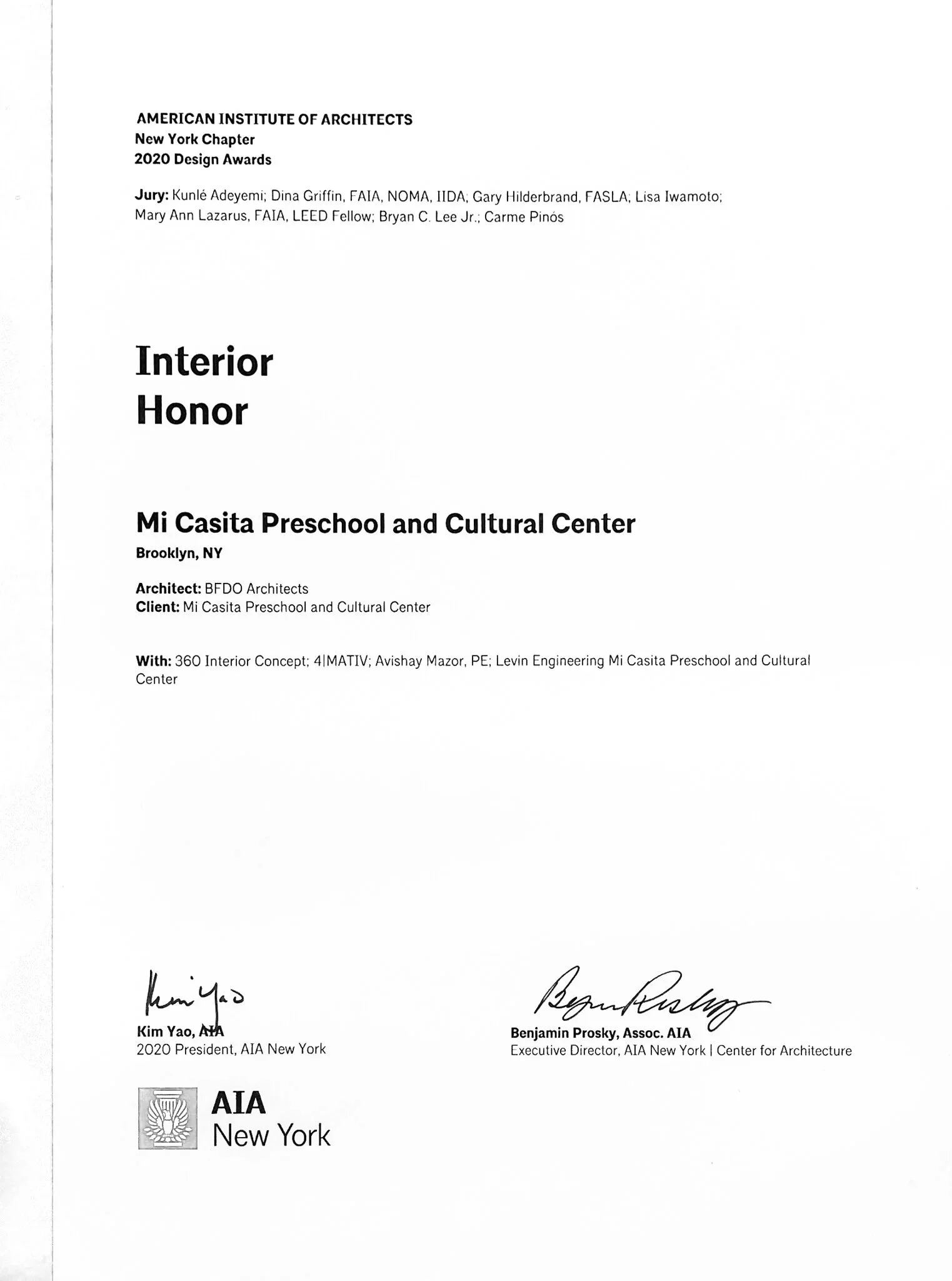 Cover page of a document titled 'American Institute of Architects New York Chapter 2020 Design Awards'. Contains names and signatures of individuals including Kim Yao, AIA, and Benjamin Prosky, AIA, along with logos and additional text.