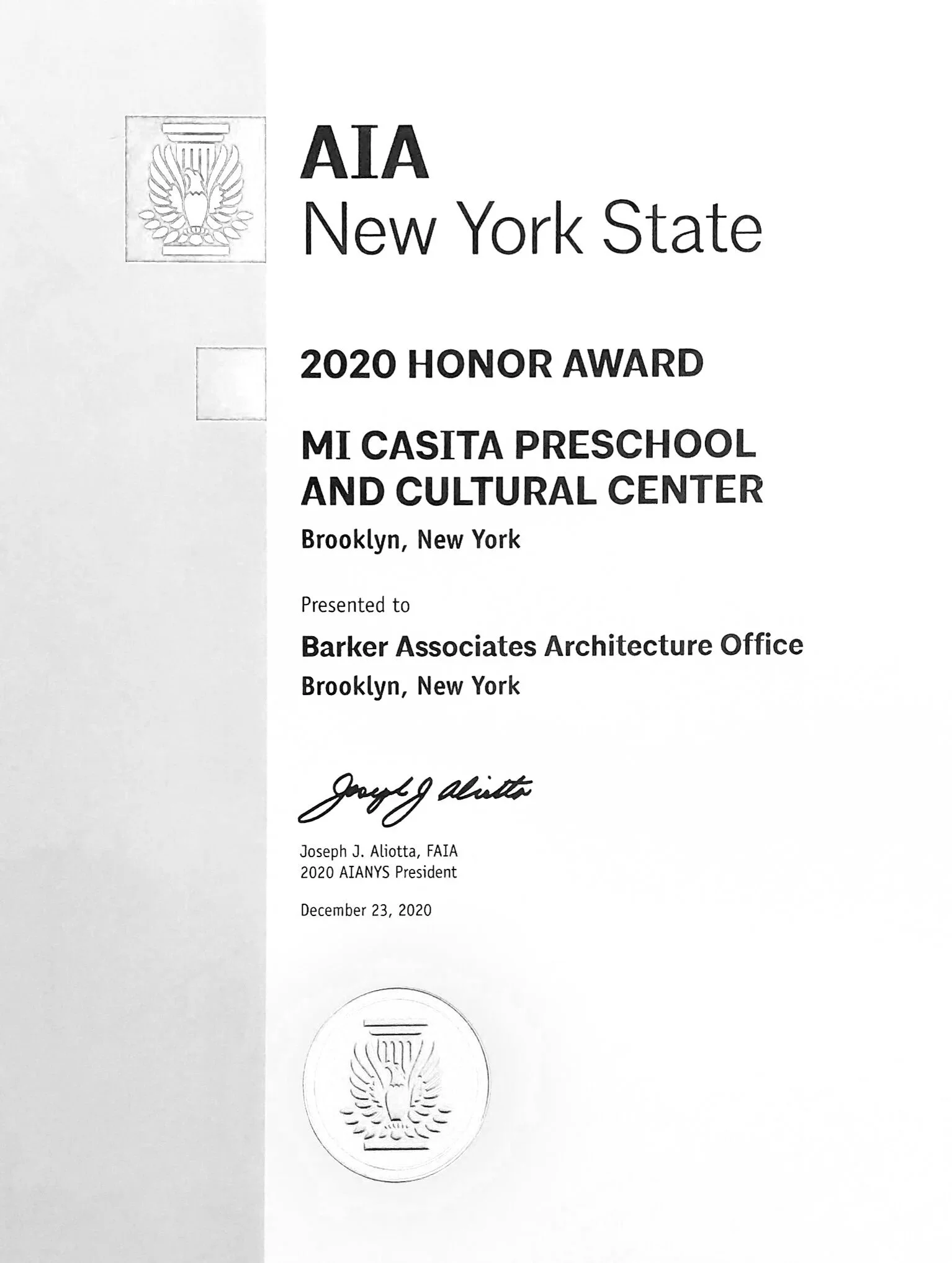 A certificate awarded to MI Casita Preschool and Cultural Center in Brooklyn, New York, for the 2020 Honor Award, signed by Joseph J. Aliotta, President of AIANS.