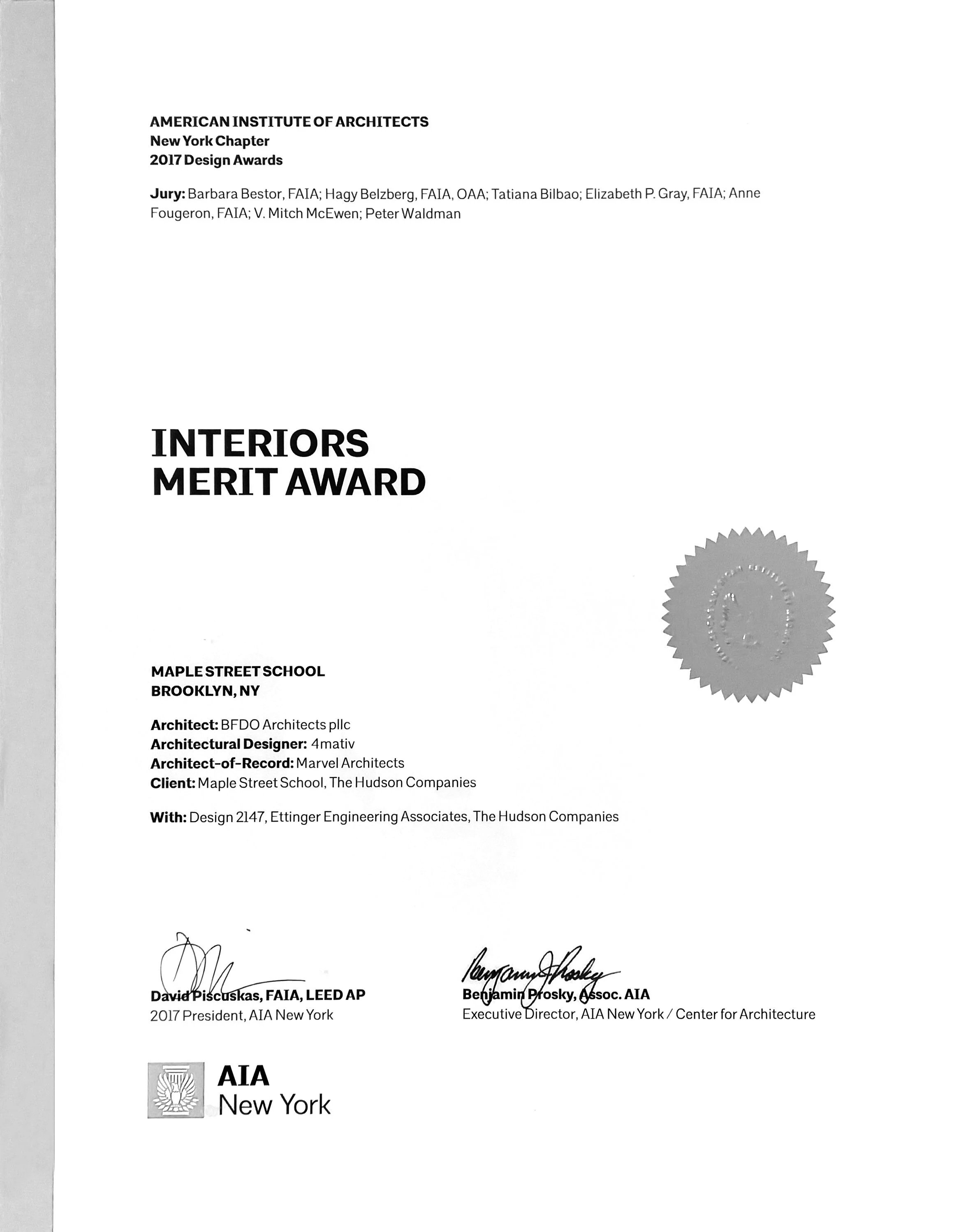 Certificate of recognition awarded by the American Institute of Architects New York Chapter for Interiors Merit. Signed by David Piscuskas and Benjamin Prosky, with a seal of the AIA.