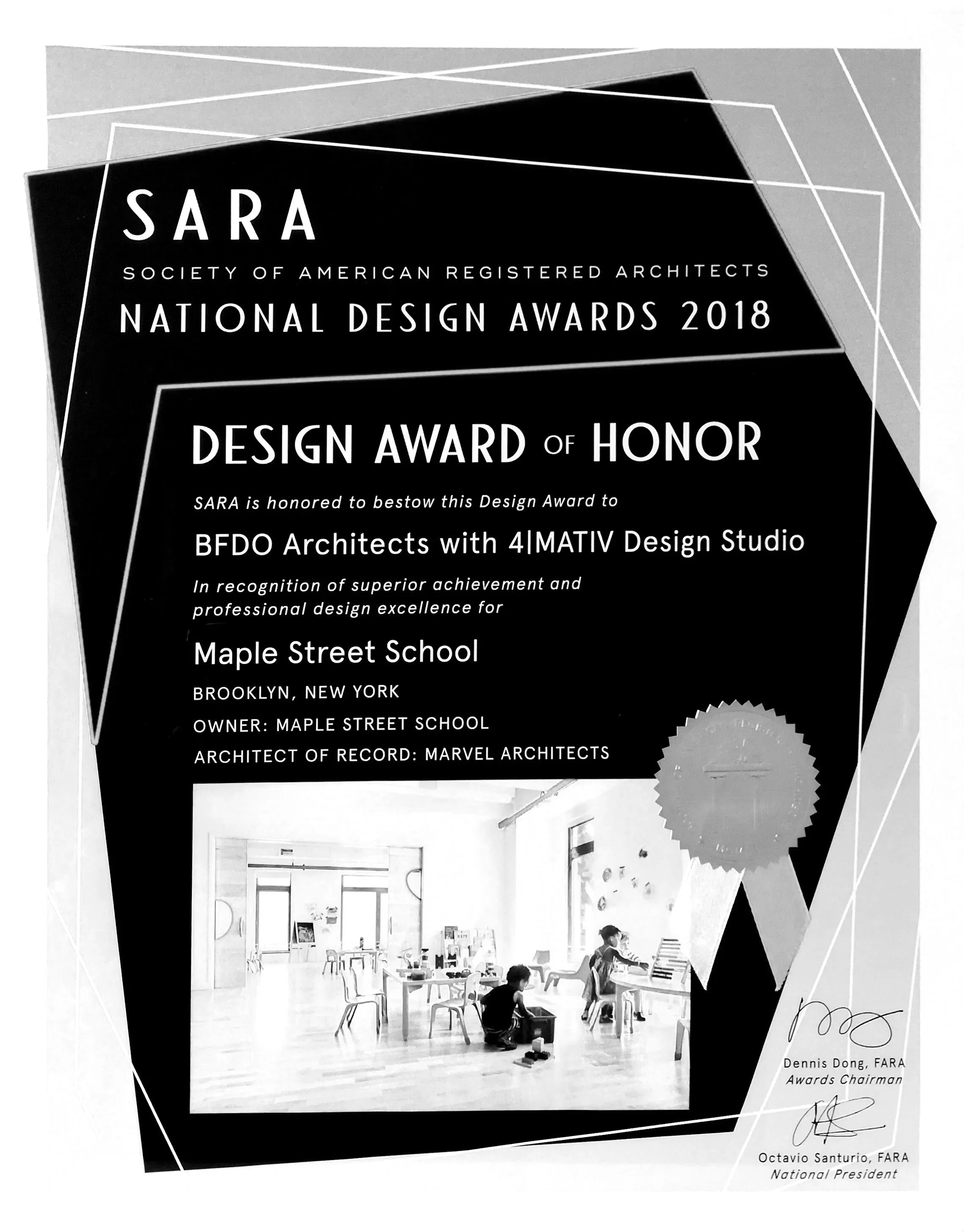 Black and white image of an award certificate from the Society of American Registered Architects 2018 National Design Awards. The certificate recognizes BFDO Architects with 4Mativ Design Studio for superior achievement and professional excellence, a