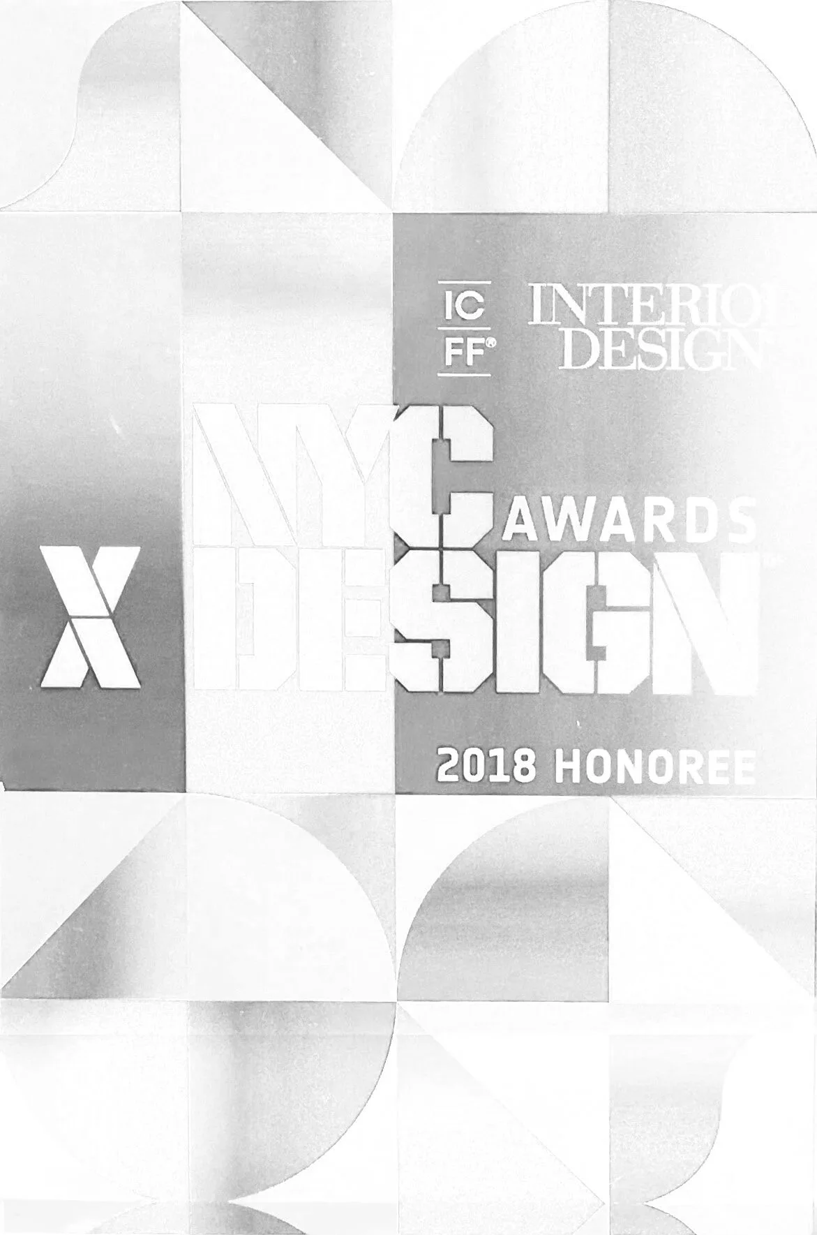 Black and white photo of an award plaque with text that reads 'Interior Design IC/FF Awards 2018 Honoree.'