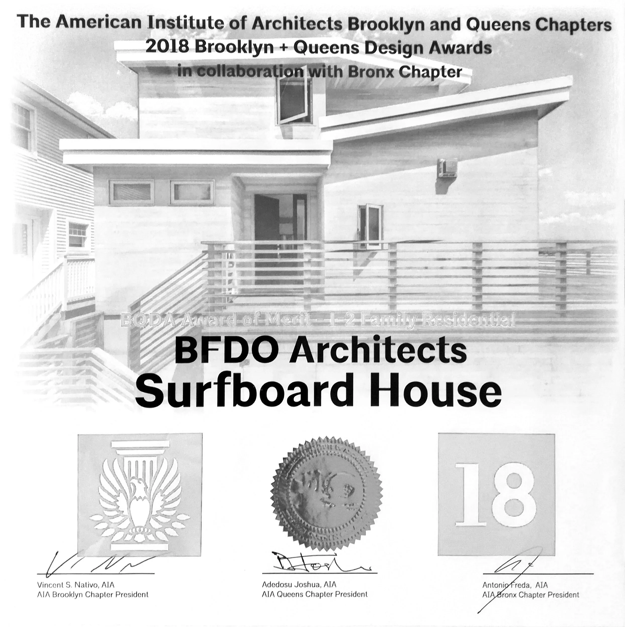 Black and white image of a certificate for the 2018 Brooklyn and Queens Design Awards, issued by the American Institute of Architects. The certificate is signed by three chapter presidents and features architectural symbols such as a stylized peacock