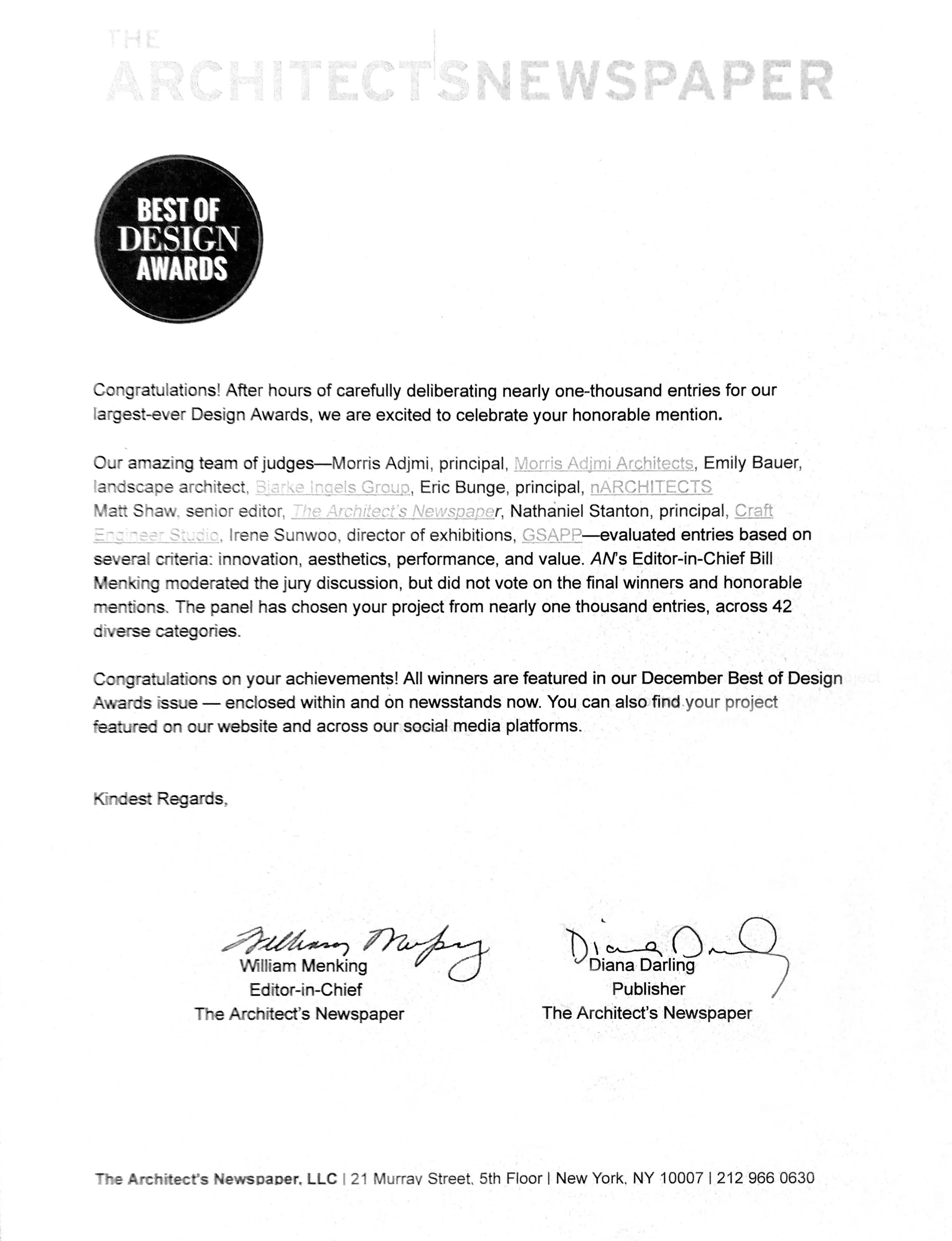 Letter of acknowledgment from The Architect's Newspaper announcing design award winners, signed by William Menking and Diana Darling.