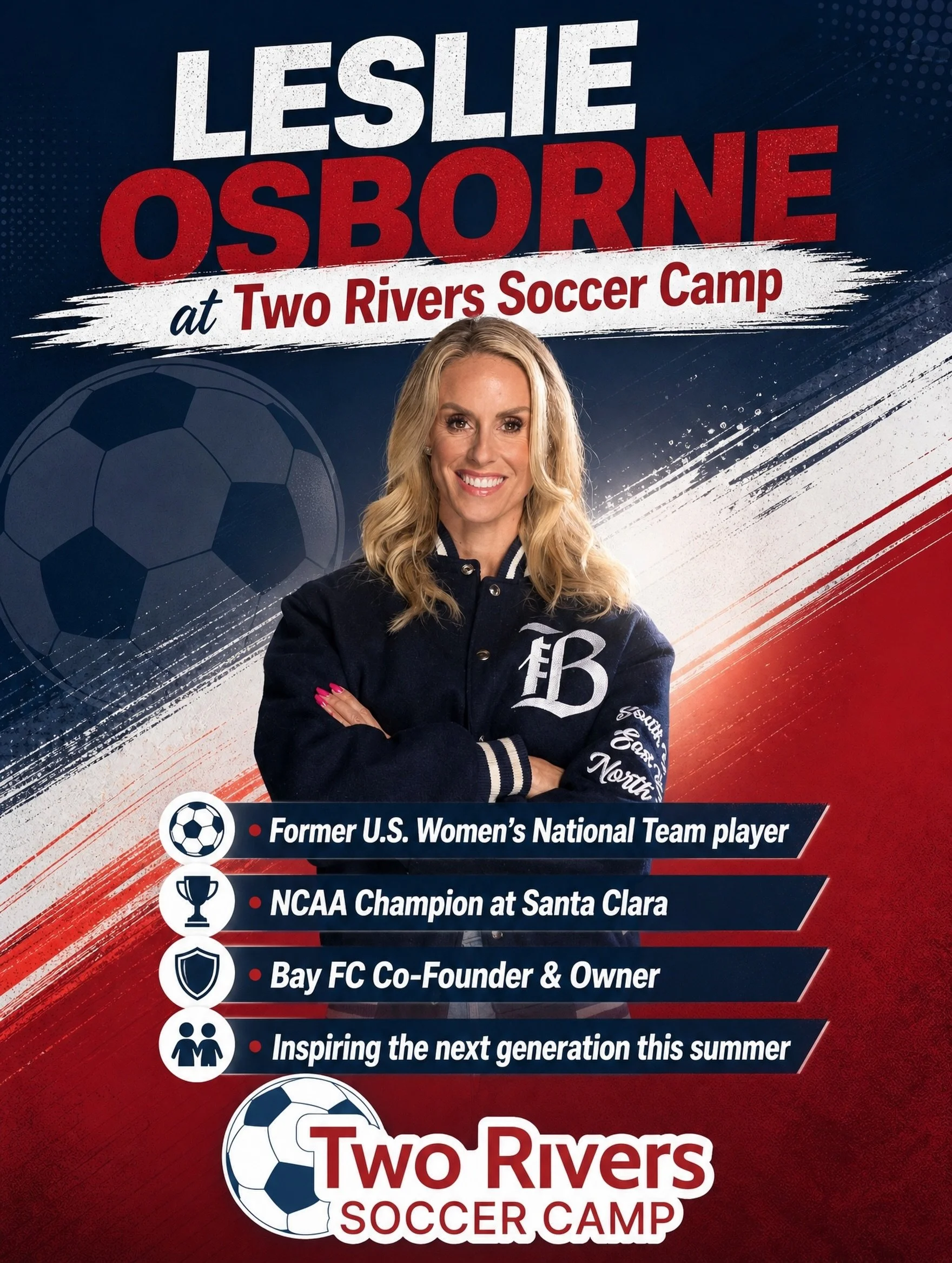 We are thrilled to welcome @leslieosborne12 to Two Rivers Soccer Camp this summer! A decorated former member of the U.S. Women&rsquo;s National Soccer Team and NCAA National Champion at Santa Clara University, Leslie will share her passion, love, and
