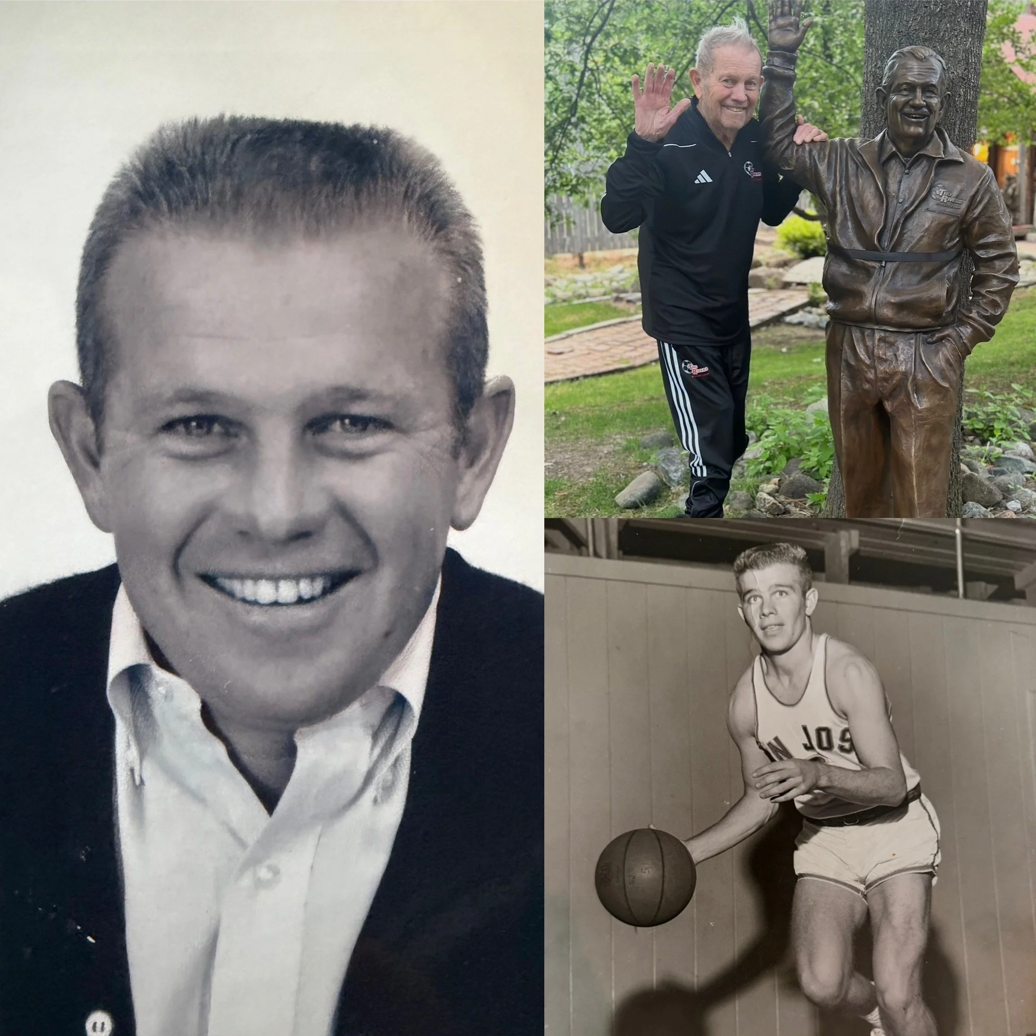 Photos of Two Rivers Soccer Camp founder Dick Schwendinger as a young businessman, college athlete, and later in life beside his statue at Two Rivers Soccer Camp (his happy place).